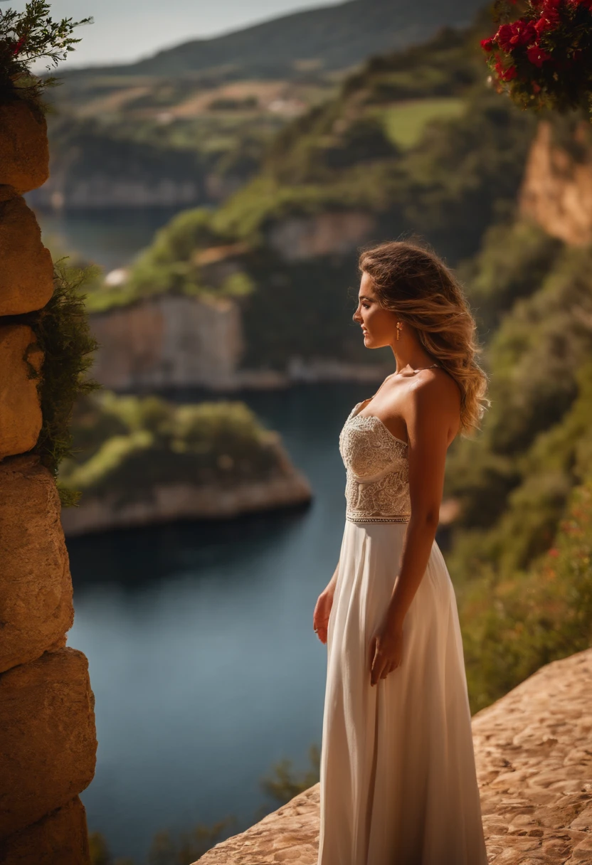 (A captivatingly beautiful girl:1.2), enchanting , perfect natural cleavage, looking at scenery, picturesque Portugal landscape scenery."
