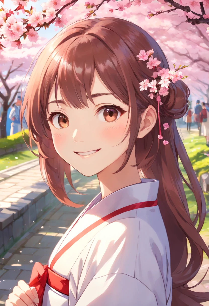 (masutepiece, Daylight portrait:1.3), (Attractive image of Japan ager under cherry blossoms:1.2), (Sony A6400 Camera, Known for fast autofocus and detail preservation:1.2), (Paired with Sony E 50mm f/1.8 OSS Lens,Captures clear and detailed portraits:1.2), (long, Smooth brunette hair is smoothly layered, intricate detailes:1.1), (Fine hair glitters in the light:1.1), (Symmetrical face is decorated with professional makeup:1.1), (Delicate figure wearing traditional Japan uniform:1.1), (Shiny hair catches the sun,rejuvenate:1.1), (A charming smile exudes real warmth:1.1), (Vivid cherry blossoms paint a tranquil landscape:1.1), (Quiet park environment, Vivid with spring colors:1.1), (The sensor of the camera is、Capture the meticulous intricacies of her facial features and attire:1.1), (The camera focuses on her smile, Capture its natural charm:1.1), (Instantly freeze in time, Embodying youth and natural beauty:1.1), (A harmonious blend of cultural elegance and pleasant authenticity:1.1), (Portrait of true happiness under the cherry blossoms:1.1)