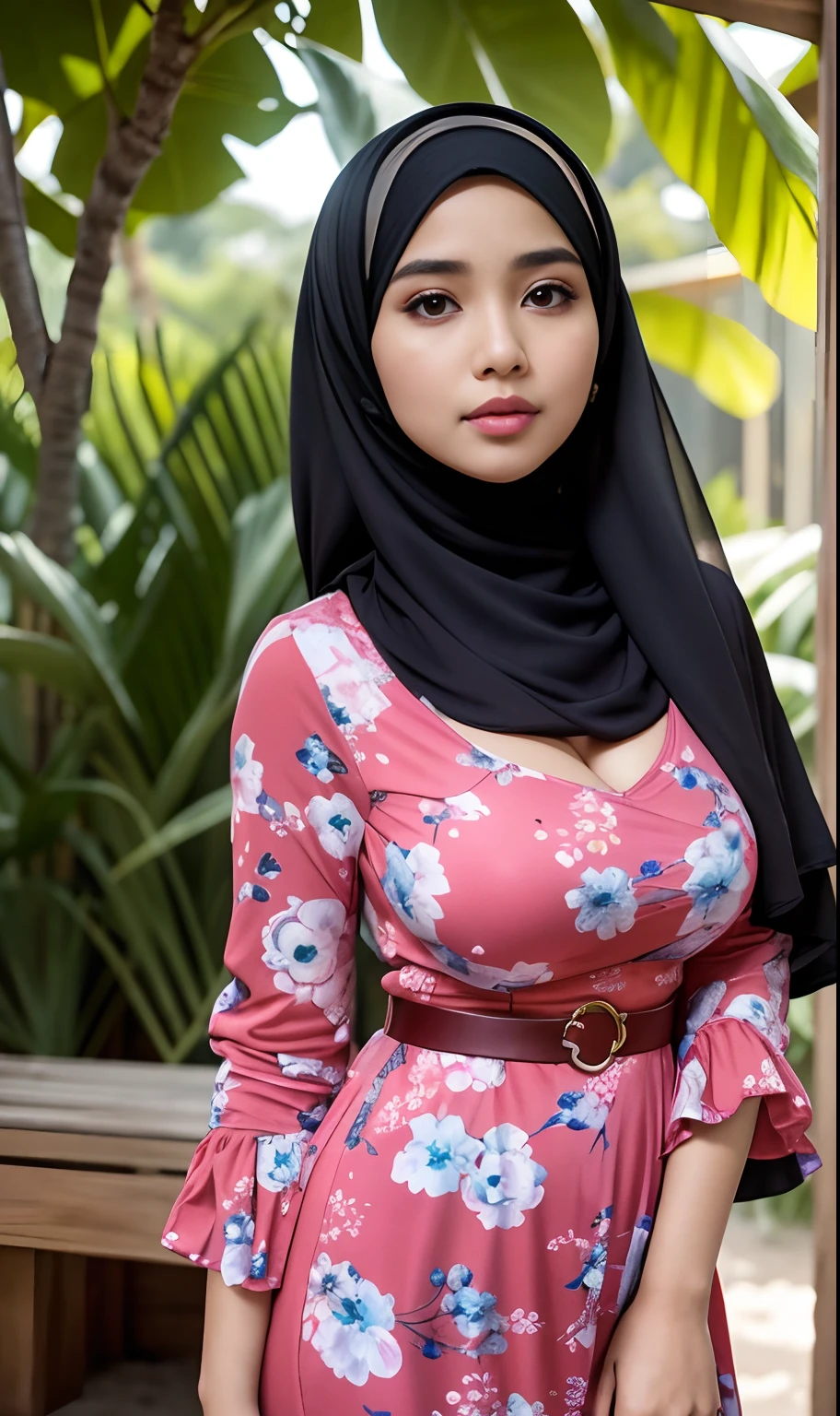 (Close Up),RAW, Best quality, high resolution, masterpiece: 1.3), beautiful Malay woman in hijab,Masterpiece, perfect fit body,big breast, big gorgeous eyes, Soft smile,beautiful face,thick thighs, woman in hijab sitting at a table with a cup of coffee, cute woman, portrait shot, hijab, mid shot portrait, 60mm portrait, high quality portrait, in mountains, traditional beauty, malaysian, 50mm portrait, realism art, 7 0 mm portrait, indonesia, gorgeous lady, attractive girl , located in flower garden, Excellent lighting, Bright colors, Clean lines