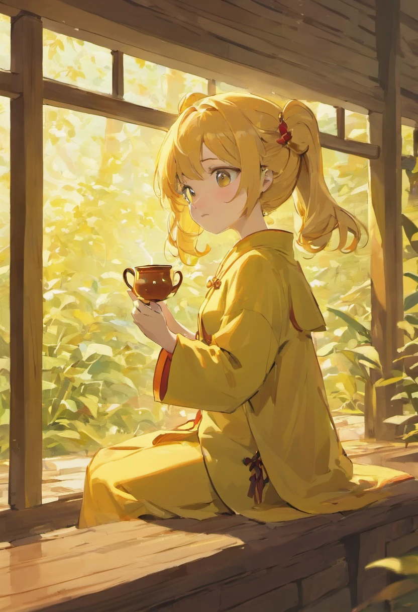 A happy and cute from ancient China,Sitting in the pavilion drinking tea,Peanut field as the background,yellow hue,Abstract picture,ultra-realistic realism,Clear background trends,clear contour light,rim-light,fanciful,Speckled light,Graphic illustration,Disney style,8k,——ar9:16——q 2——niji 5