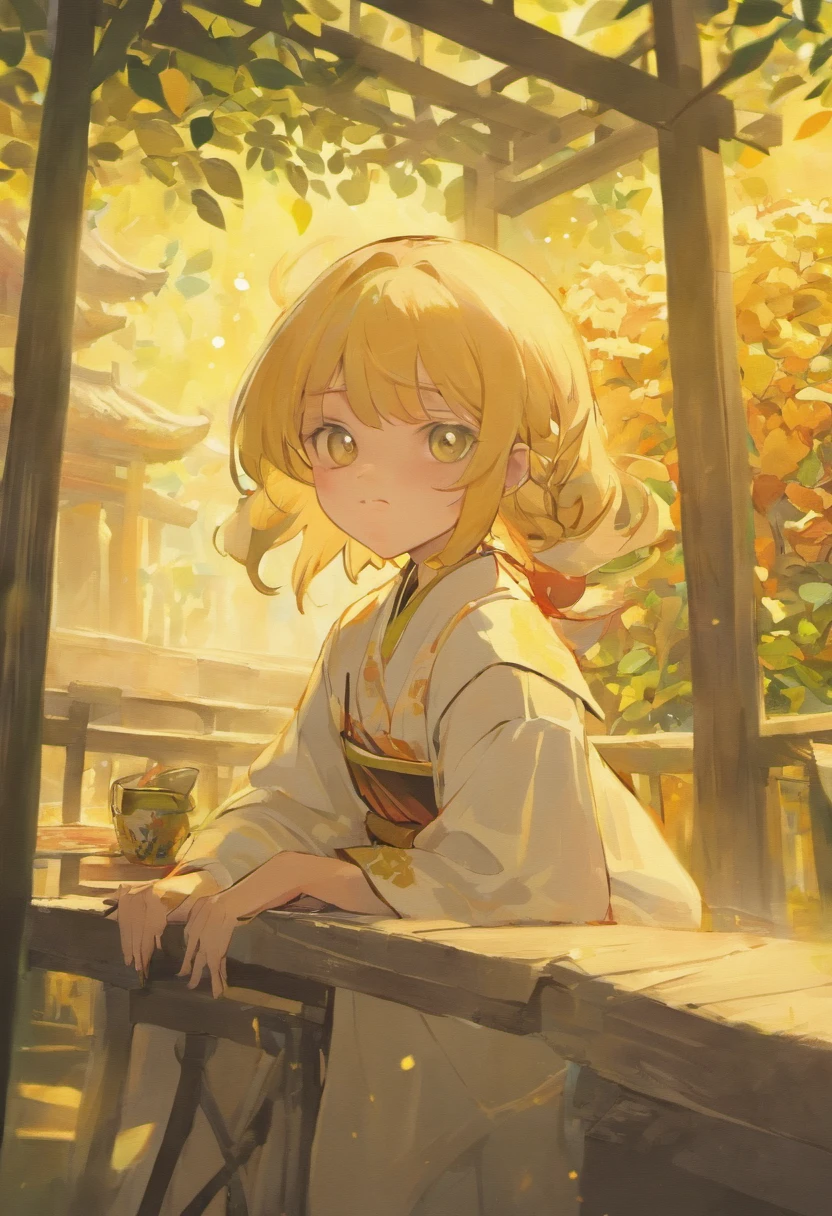 A happy and cute little girl from ancient China，Sitting in the pavilion drinking tea，Peanut field as the background，yellow hue，Abstract picture，ultra-realistic realism，Clear background trends，clear contour light，rim-light，fanciful，Speckled light，Graphic illustration，Disney  style，8k，——ar9:16——q 2——niji 5