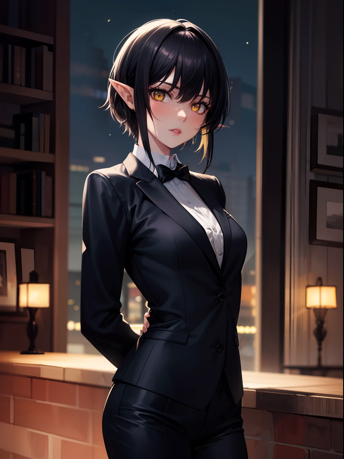 highres, masterpiece, perfect ligthing, bloom, cinematic lighting, adult, perfect skin, female,1girl,solo,black hair,half buzzcut,yellow eyes,pointy ears, black lips , bar,standing,arms behind back,night,suit