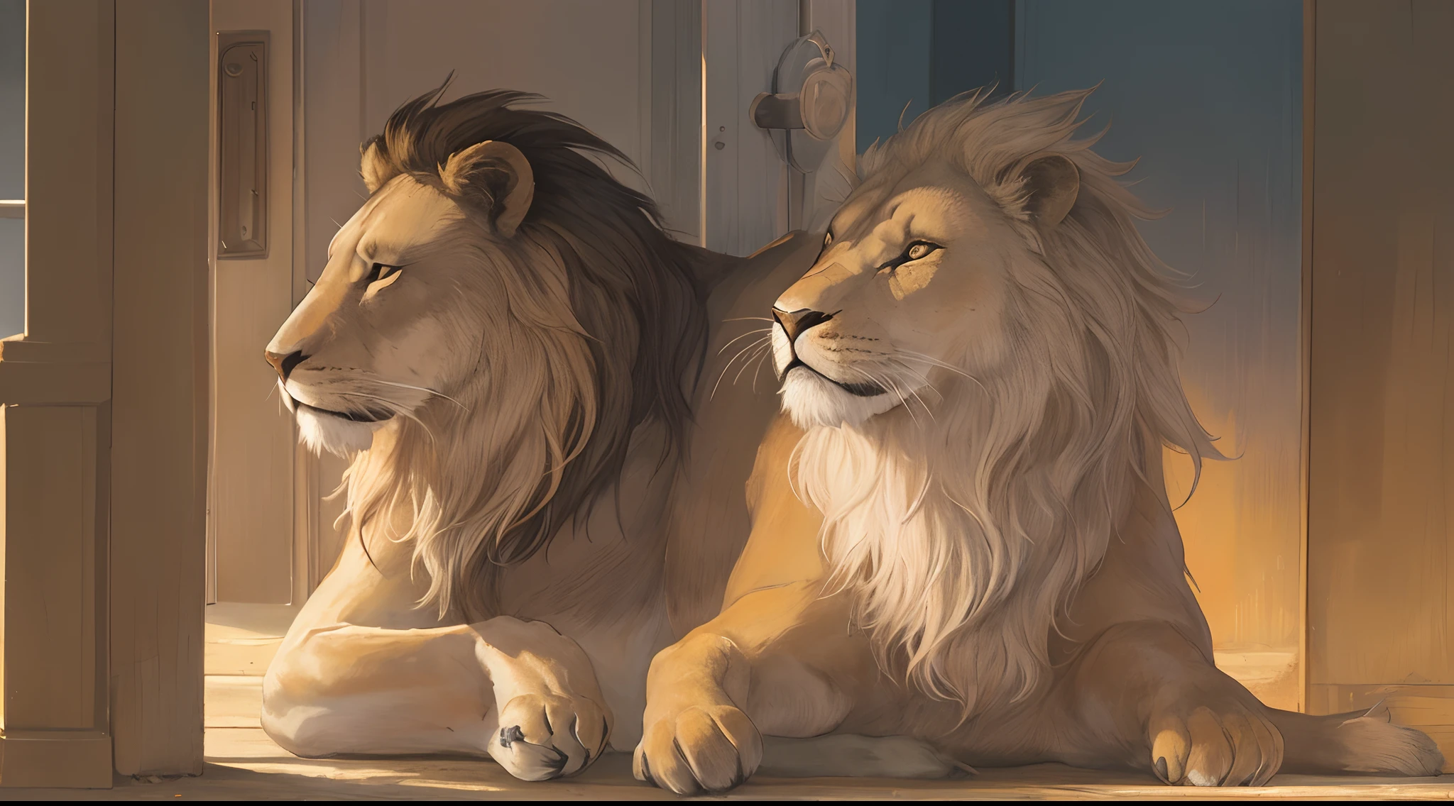 Realistic lion nostrate in profile as if he is coming out of a golden door with the sun and the sun's rays in front of him.