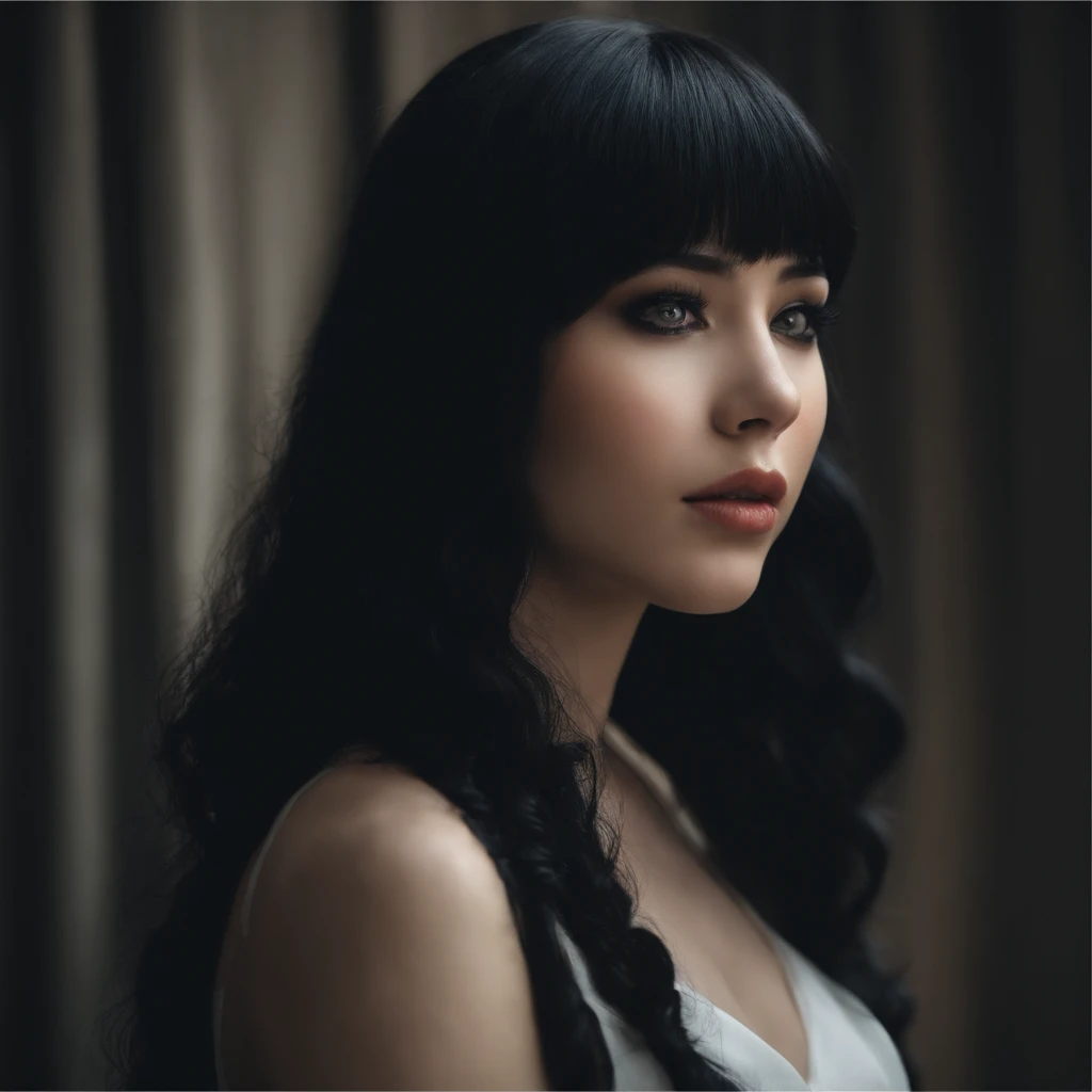arafed image of a woman with black hair and a black dress, whitebangsblackhair, blackhair, discord profile picture, halfbody headshot, black-hair, she has black hair with bangs, profile image, dark - hair, dark-hair, goth girl aesthetic, hair blackbangs hair, profile shot, she has black hair, pale goth beauty. Circular photo, photo taken half from the side, eyes closed, zoom on face, 65 degree angle downwards, expressionless, mouth closed, bangs visible, black hair, one mini small braid falling down The face. (clarity) (anatomically correct) (perfect anatomy) (girl not so beautiful, but pretty) (pretty girl)