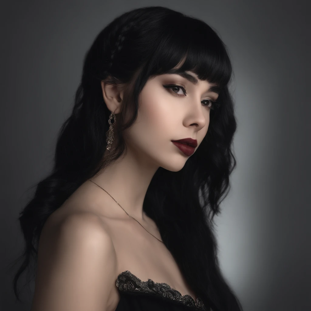 arafed image of a woman with black hair and a black dress, whitebangsblackhair, blackhair, discord profile picture, halfbody headshot, black-hair, she has black hair with bangs, profile image, dark - hair, dark-hair, goth girl aesthetic, hair blackbangs hair, profile shot, she has black hair, pale goth beauty. Circular photo, photo taken half from the side, eyes closed, zoom on face, 65 degree angle downwards, expressionless, mouth closed, bangs visible, black hair, one mini small braid falling down The face. (clarity) (anatomically correct) (perfect anatomy) (girl not so beautiful, but pretty) (pretty girl)