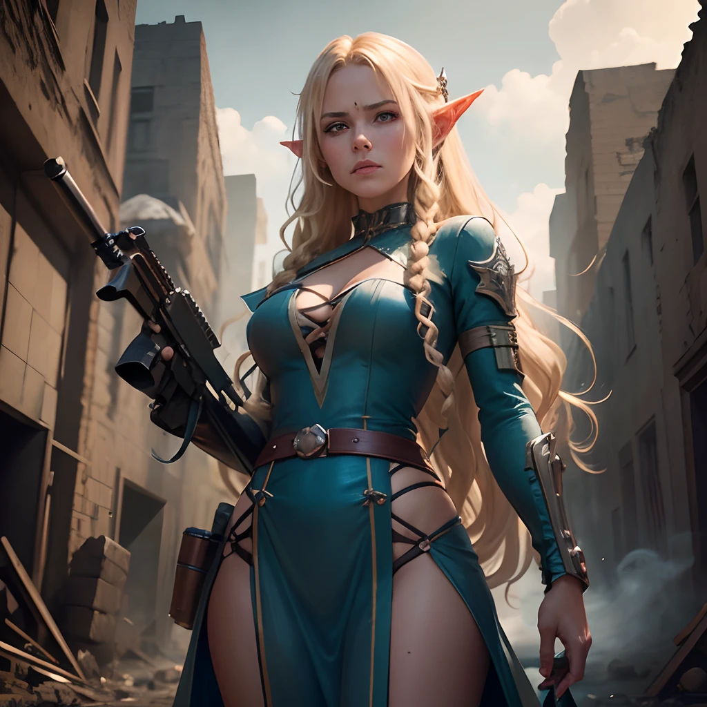 Masterpiece, beste-Qualit, Blonde elf woman with long wavy hair in long shiny blue dress with bodice, cleavage, breast curtains, Armed with a grenade launcher, hung with cartridge belts and grenades.  (Fully armored arms and legs). It's working. Holds a weapon. dynamic environment. A strong wind is blowing. Make your way through the ruins of an ancient city, that are partially hidden in the fog. Explosion in the background. Strange Shadows. Gloomy and unsettling atmosphere. higly detailed. delicate detail. photo realism. (full-length photo)