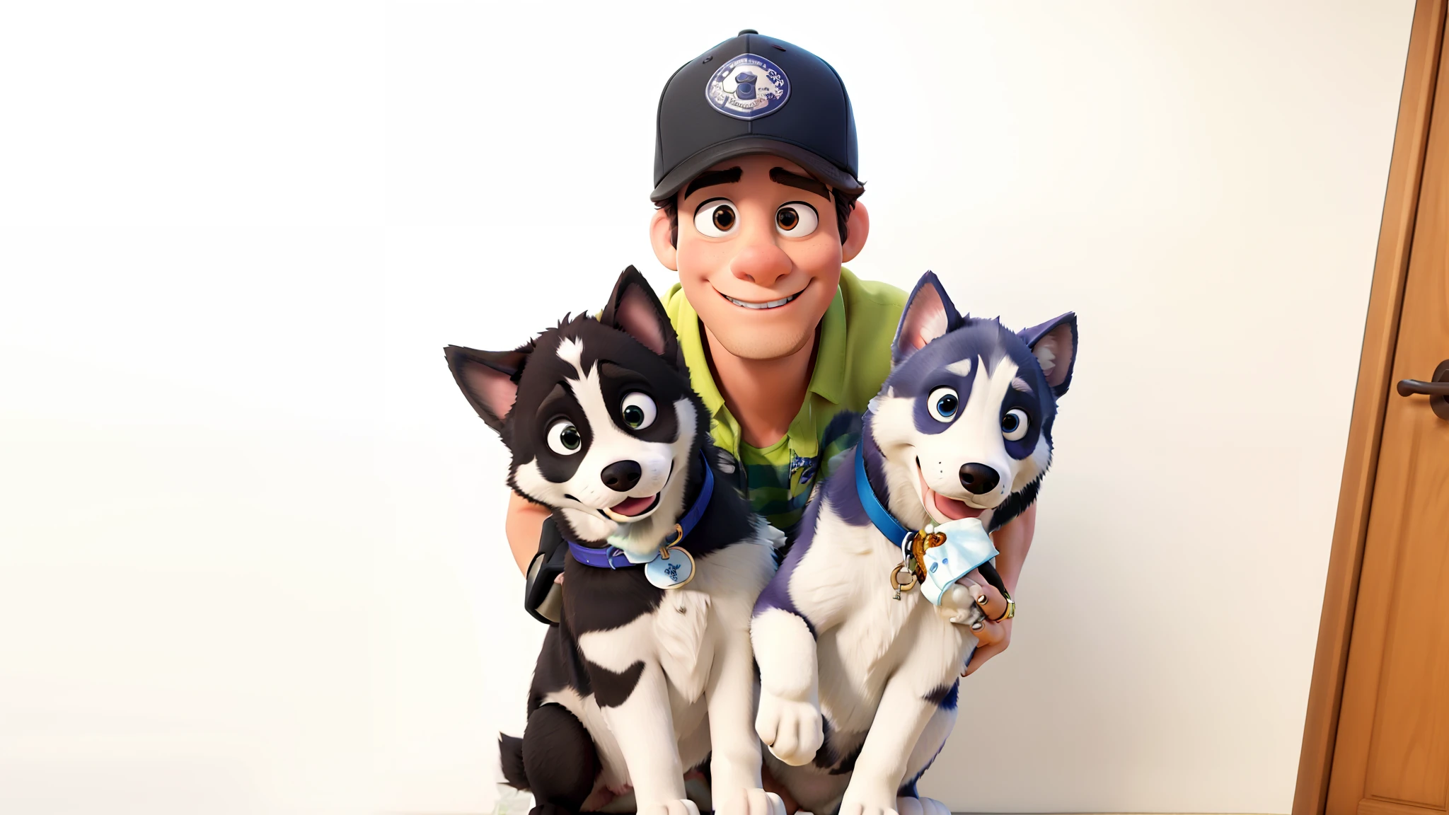Um homem e dois cachorros husky siberiano, melhor qualidade, estilo Pixar