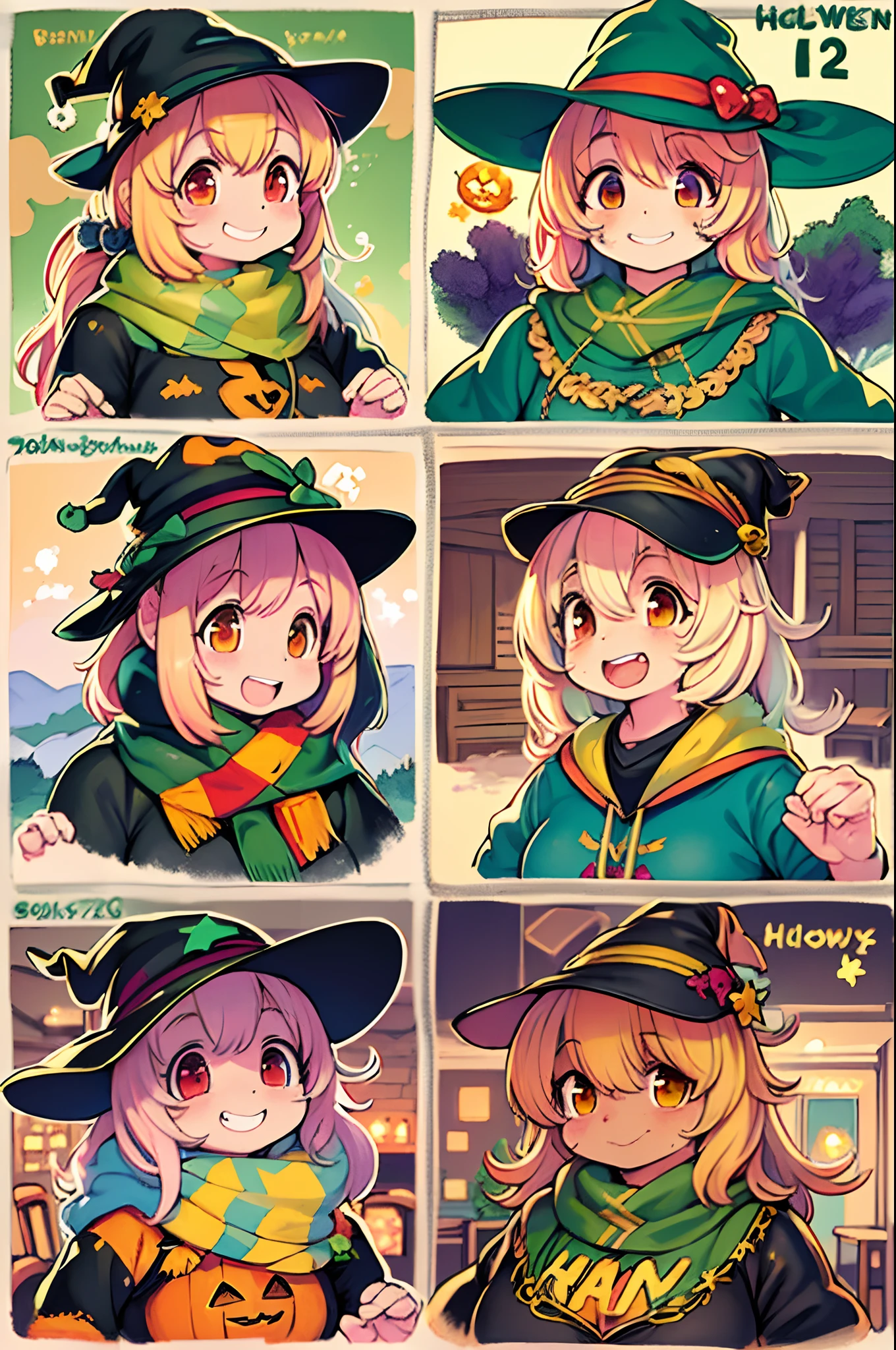 Charming Halloween witch, Random facial expressions, Random coloring, Cartoon style, 2D, planar vector, Character Design, T-shirt design, Colorful splashes, Vector art, Fantasy Art, Watercolor effect,Digital Painting, white bg, 8K