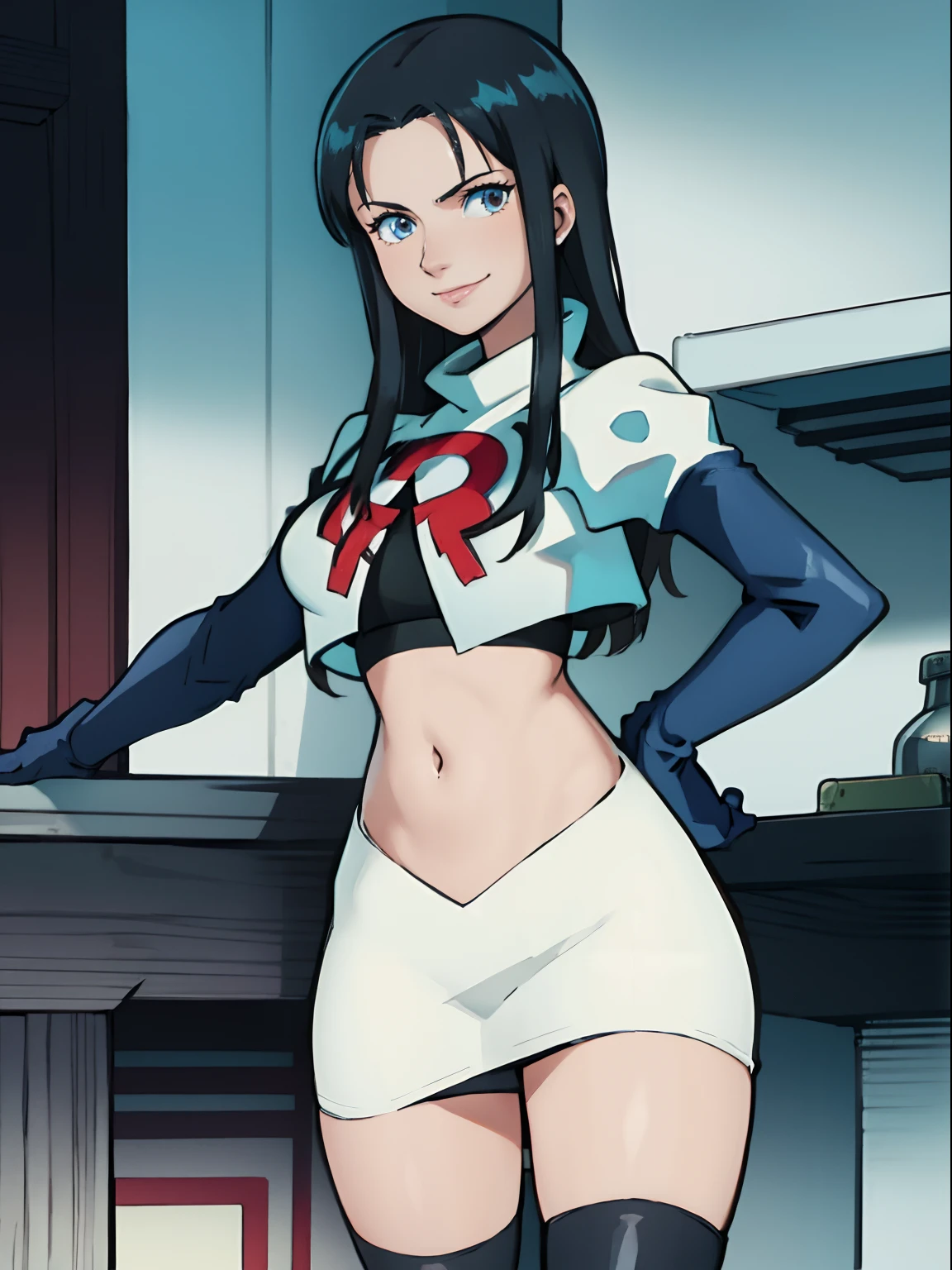 nico robin,rocket,team rocket uniform, red letter R, white skirt,white crop top,black thigh-highs,black elbow gloves, looking at viewer, smile