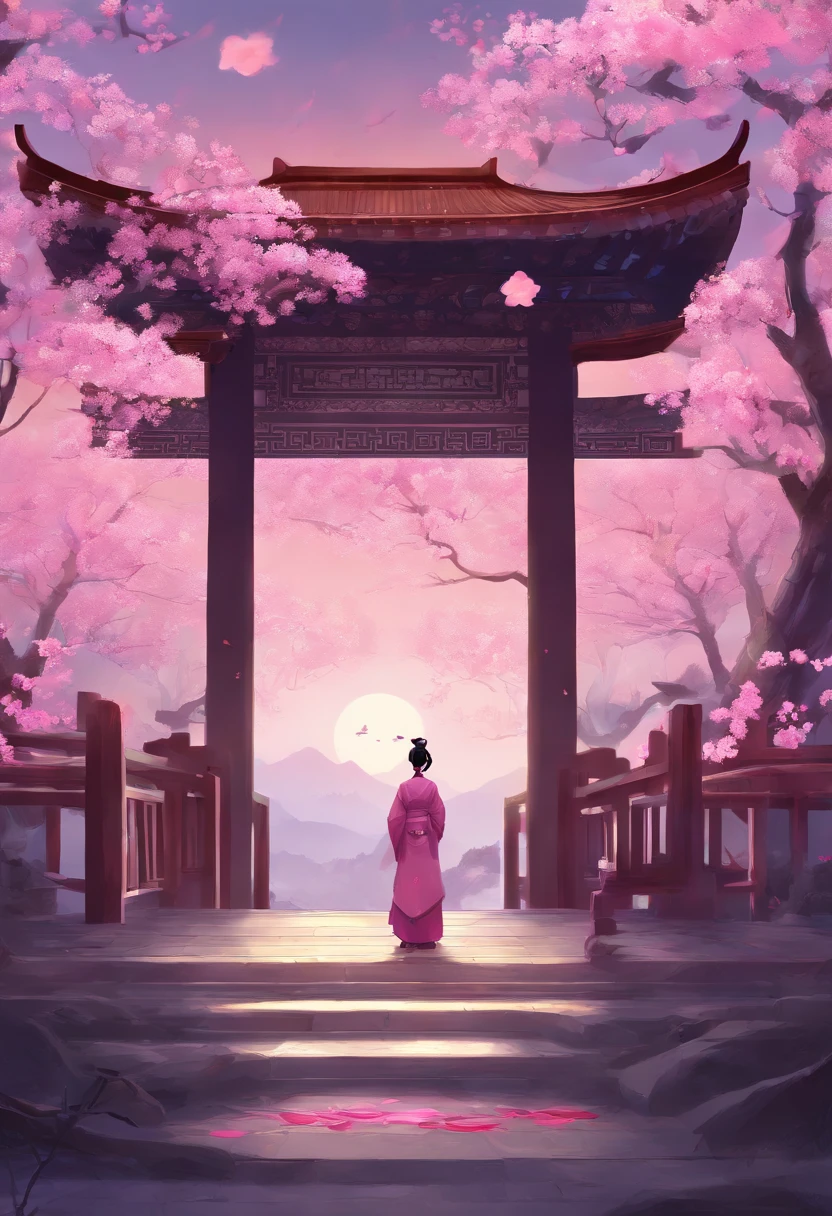 Wuxia style,China-style,Huge copper mirror,petals,peach blossom,In pink,purpleish color,--AR 16:9 --9 2 --s 750**