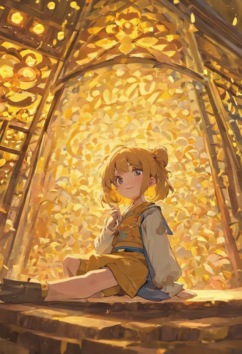 A happy and cute from ancient China,Sitting in the pavilion drinking tea,Peanut field as the background,yellow hue,Abstract picture,stickfigure,ultra-realistic realism,Clear background trends,clear contour light,rim-light,fanciful,Speckled light,Graphic illustration,Disney style,8k,——ar9:16——q 2——niji 5