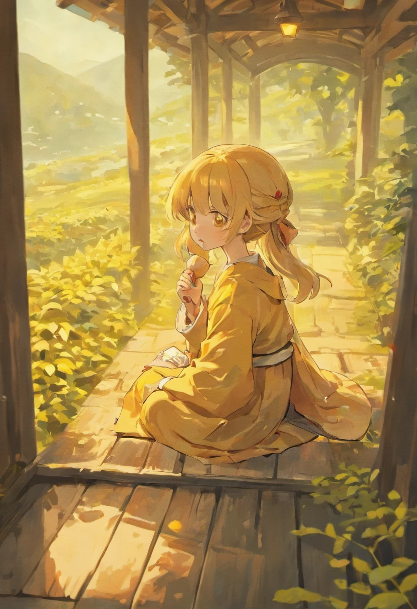 A happy and cute little girl from ancient China,Sitting in the pavilion drinking tea,Peanut field as the background,yellow hue,Abstract picture,stickfigure,ultra-realistic realism,Clear background trends,clear contour light,rim-light,fanciful,Speckled light,Graphic illustration,Disney style,8k,——ar9:16——q 2——niji 5