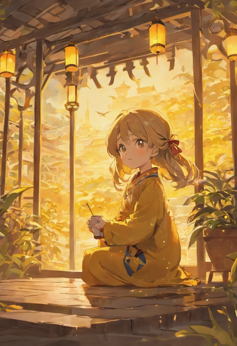 A happy and cute  girl from ancient China，Sitting in the pavilion drinking tea，Peanut field as the background，yellow hue，Abstract picture，stickfigure，ultra-realistic realism，Clear background trends，clear contour light，rim-light，fanciful，Speckled light，Graphic illustration，Disney  style，8k，——ar9:16——q 2——niji 5