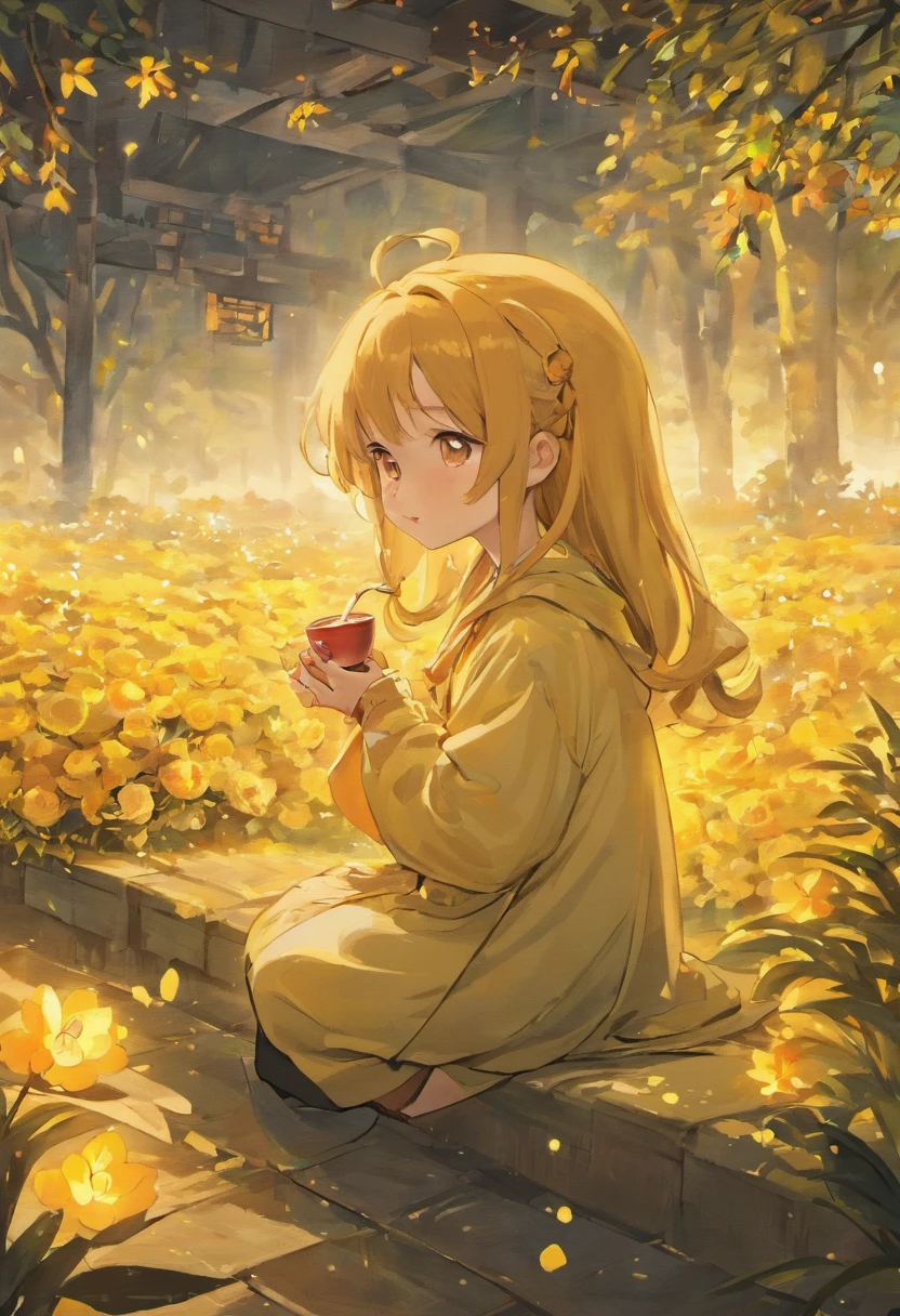 A happy and cute girl from ancient China,Sitting in the pavilion drinking tea,Peanut field as the background,yellow hue,Abstract picture,stickfigure,ultra-realistic realism,Clear background trends,clear contour light,rim-light,fanciful,Speckled light,Graphic illustration,Disney style,8k,——ar9:16——q 2——niji 5