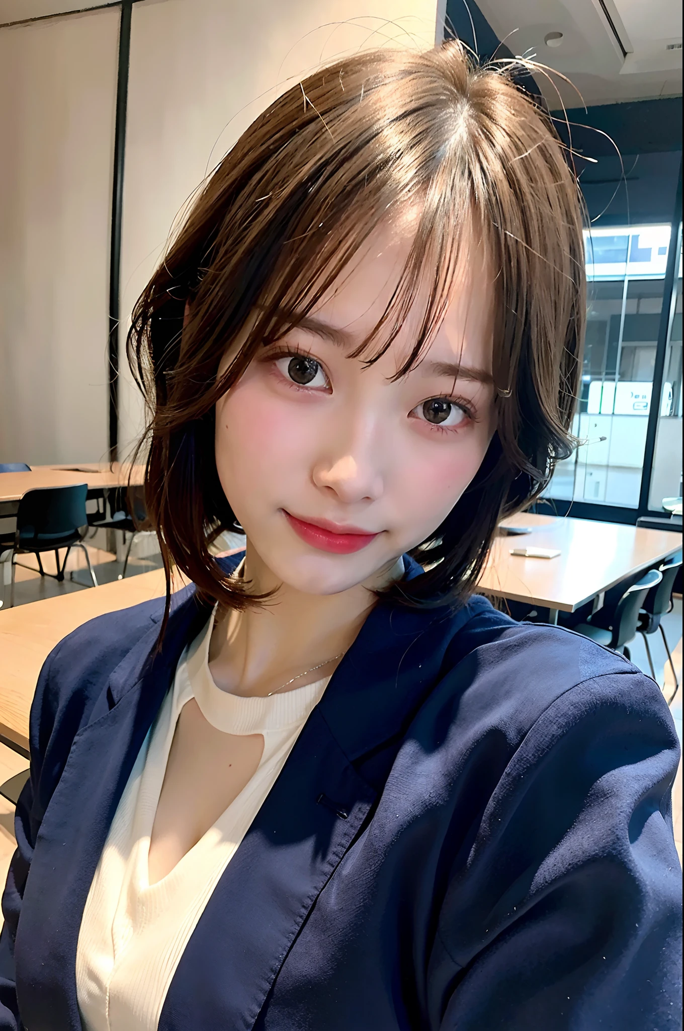 ((Best of the highest quality, 8k, Masterpiece, raw photo: 1.3)), Sharp focus: 1.2, (1 AESPA, slim body type female, 21 y/o: 1.1), (Solo: 1.2), (realistic, photo-realistic:1.37), face focus, cute face, finely eyes, (droopy eyes: 1.32), (Emphasize prominent aegyo-sal with bright: 1.2), shimmering eyeshadow applied under the lower lash line, paired with thick, (small breasts, flat chest: 1.3), (short bob hair, bangs: 1.2), (business summer suit, skirt: 1.28), walking terrace office, sun light, flower