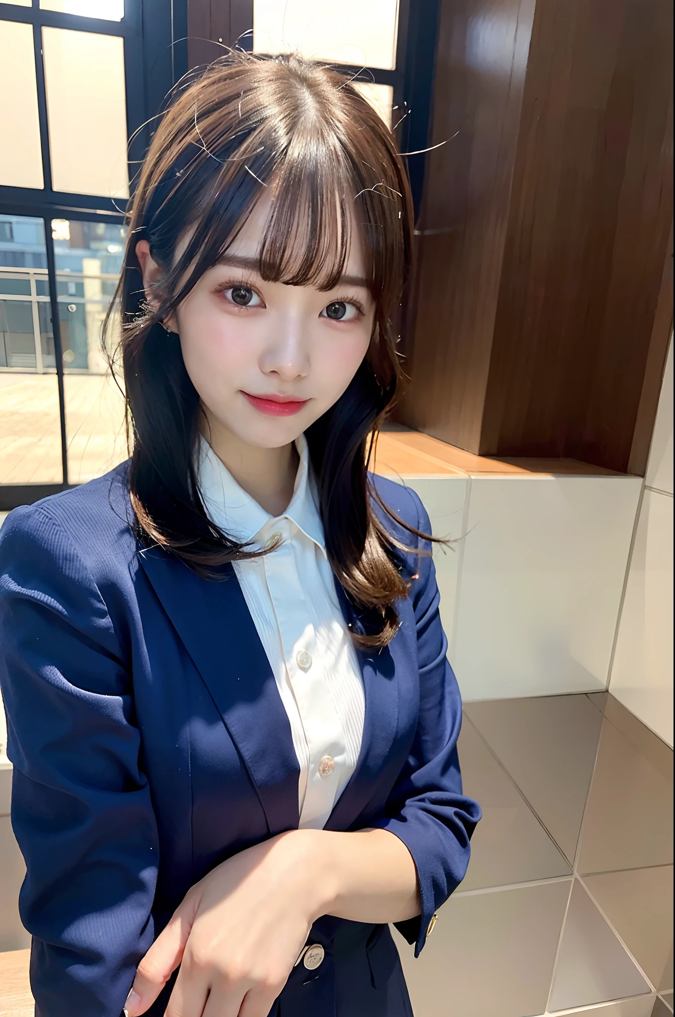 table top, highest quality, figure, Super detailed, finely, High resolution, 8k wallpaper, Perfect dynamic composition figure, detailed and beautiful eyes,suit、suit jacket,bob hair, middle of chest, natural color lip, random sexy poses,smile,20 year old girl　Huge 、office、