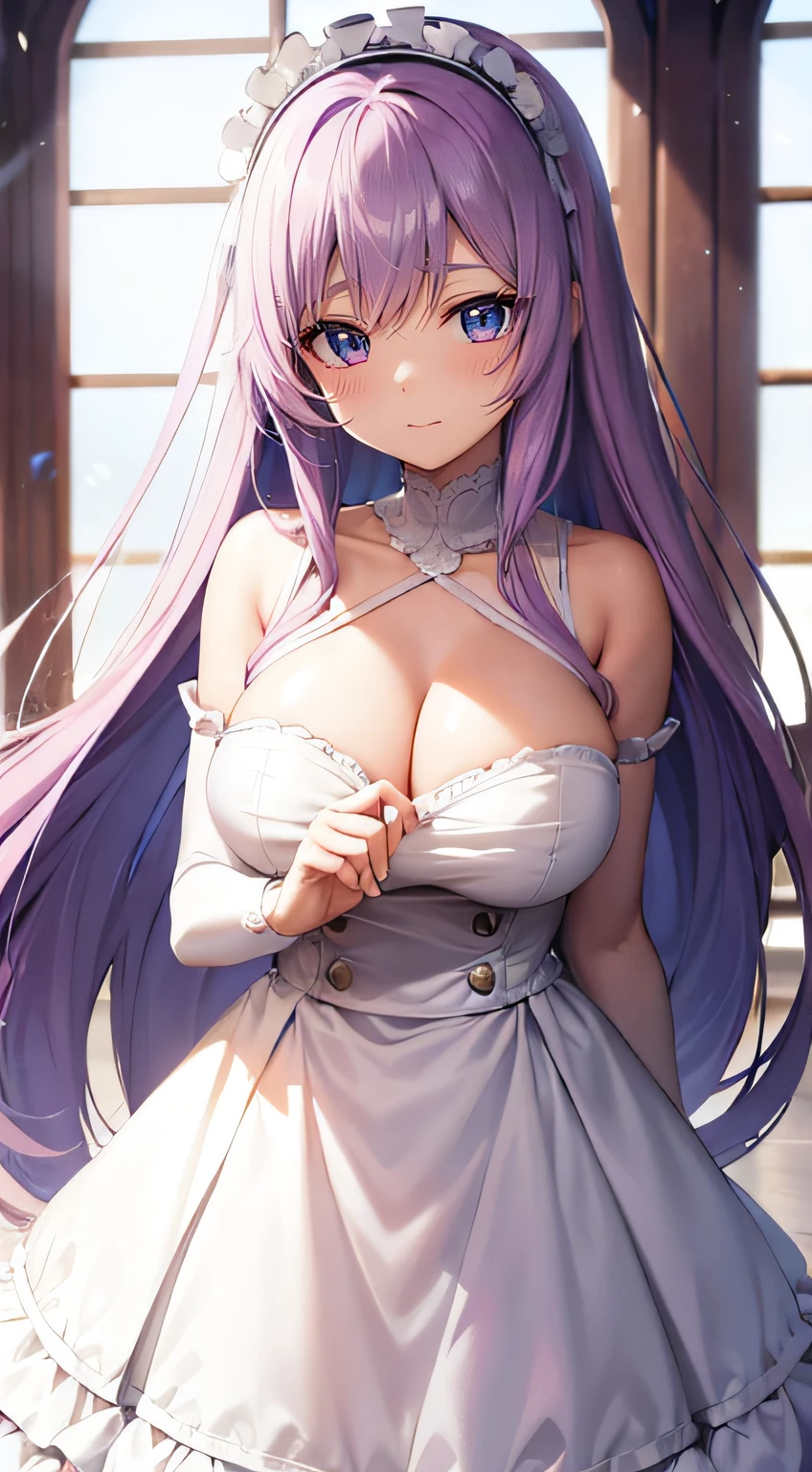Anime girl with long light purple hair and blue eyes in the room, visual novel cg, ; visual novel, visual novel, anime moe art style, senko-san, Smooth Anime CG Art, Tsuaii, Seductive Anime Girl, with huge luminous sad eyes, white-hair pretty face, slightly larger eyes, my dress up darling anime, soft anime illustration, Skirt with more lines, Corsage on chest, Floral headband