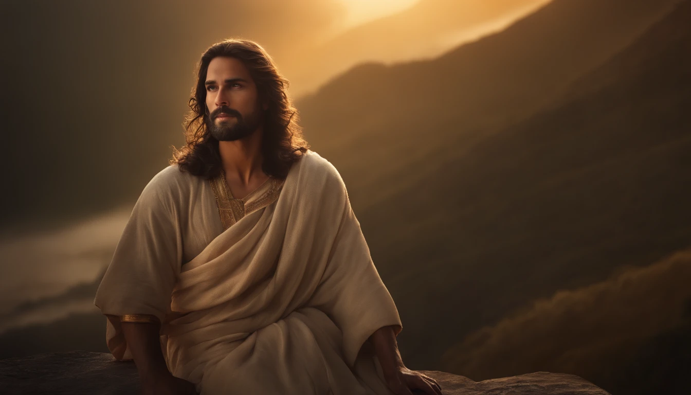 Generate an incredibly lifelike image of Jesus Christ in a serene setting with a loving and comforting expression, with dimensions set to 1280x720 pixels. Capture intricate details, including his surroundings suffused with soft, golden sunlight, while rendering his countenance with a profoundly affectionate and reassuring demeanor that evokes a deep sense of compassion and solace