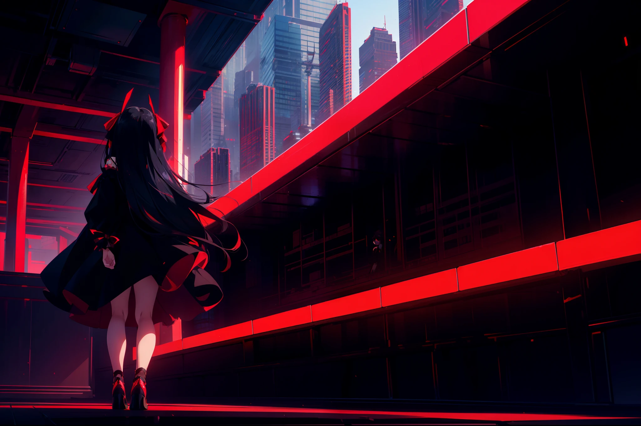 1 loli girl, (red lighting) ,dutch angle, wide shot, cinematic angle, full body , from behind,( skyscrapers) , (rape face) ,black long straight hair, hair ribbon , red eyes,black dress, glowing eyes,((masterpiece)), ((best quality)), ((ultra-detailed)), (illustration), ((an extremely delicate and beautiful))