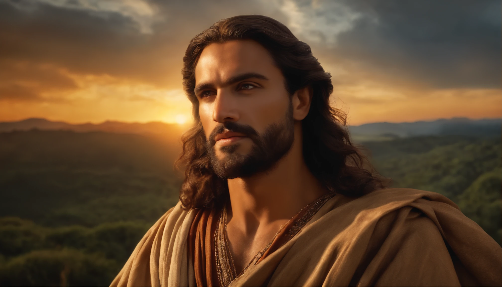 (melhor qualidade,4k,8k,Alto,master part:1.2),ultra-detalhado,(Realistic,fotorrealista,photo-realistic:1.37),Front & Close Photo, Face and body with expressive lighting, Jesus Cristo,Estilo de arte tradicional,vivid and dynamic brushstrokes, Temple Scenery ,Charismatic expression,Postura Humilde,historic portrait,Noble features,estilo de pintura de tinta e lavagem,finely detailed facial features,dynamic compositing,Paradisiacal scenery,olhar confiante,,ambiente com Luz do sol dourada iluminando a cena,Angelic Aura,atmosphric perspective,Explosive lighting,Jesus with open arms at sunset