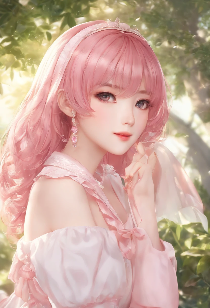 ((Top Quality, 8k, Masterpiece: 1.3)), Extremely Cute and Beautiful Woman, 1 Girl, (Huge Breasts: 1.3),Big Tits, (Abs, Slim Figure: 1.1), Sharp Focus, Pixiv Masterpiece, ((Intricate details)), Highly detailed, Upper body, 1girl, Pink hair from two sides up, all-white clothing, hair ornament, Separate sleeves, ribbon,
