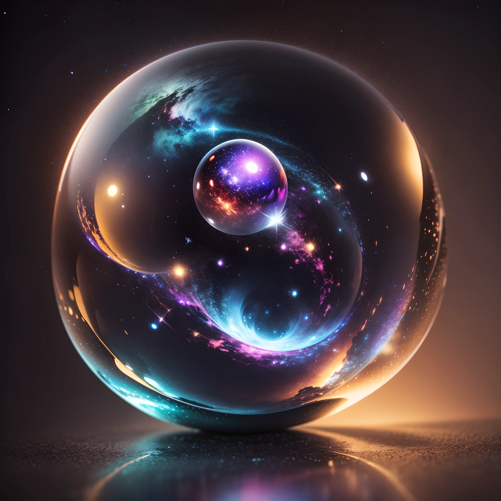 (a masterpiece), best quality, galaxy background, 3D transparent glass sphere, realistic reflections, high resolution, wide vision, image filters, refined technique