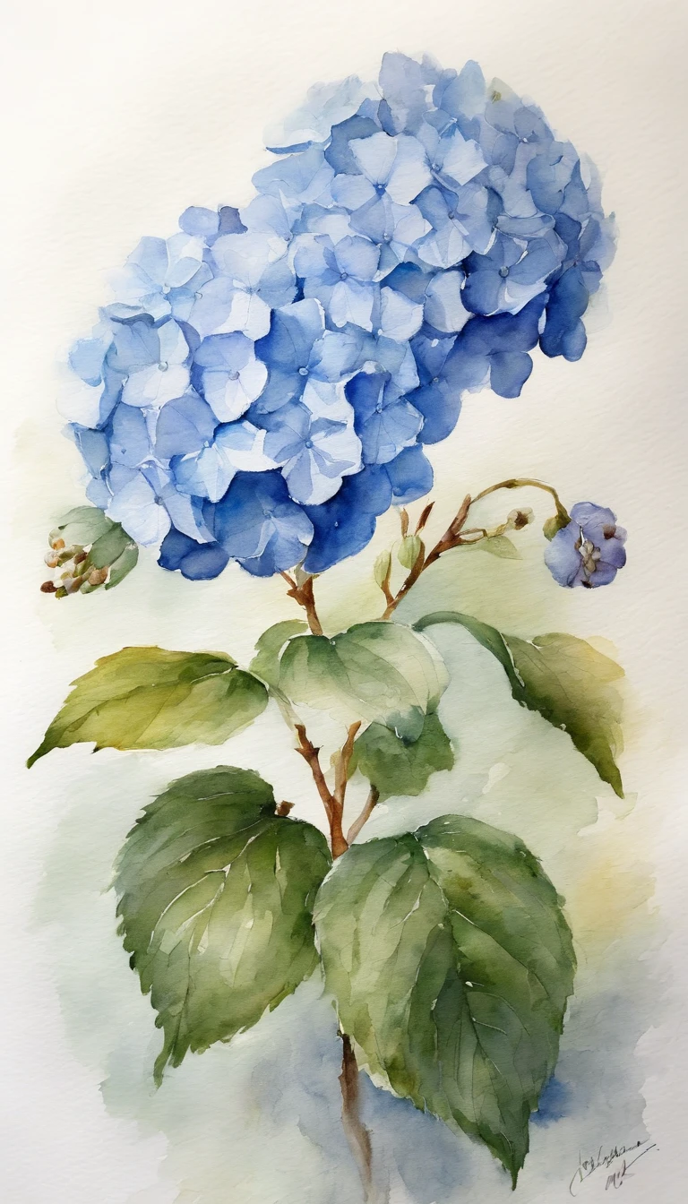 A small bouquet of 2 blue hydrangeas on a white background, in the center of the image
