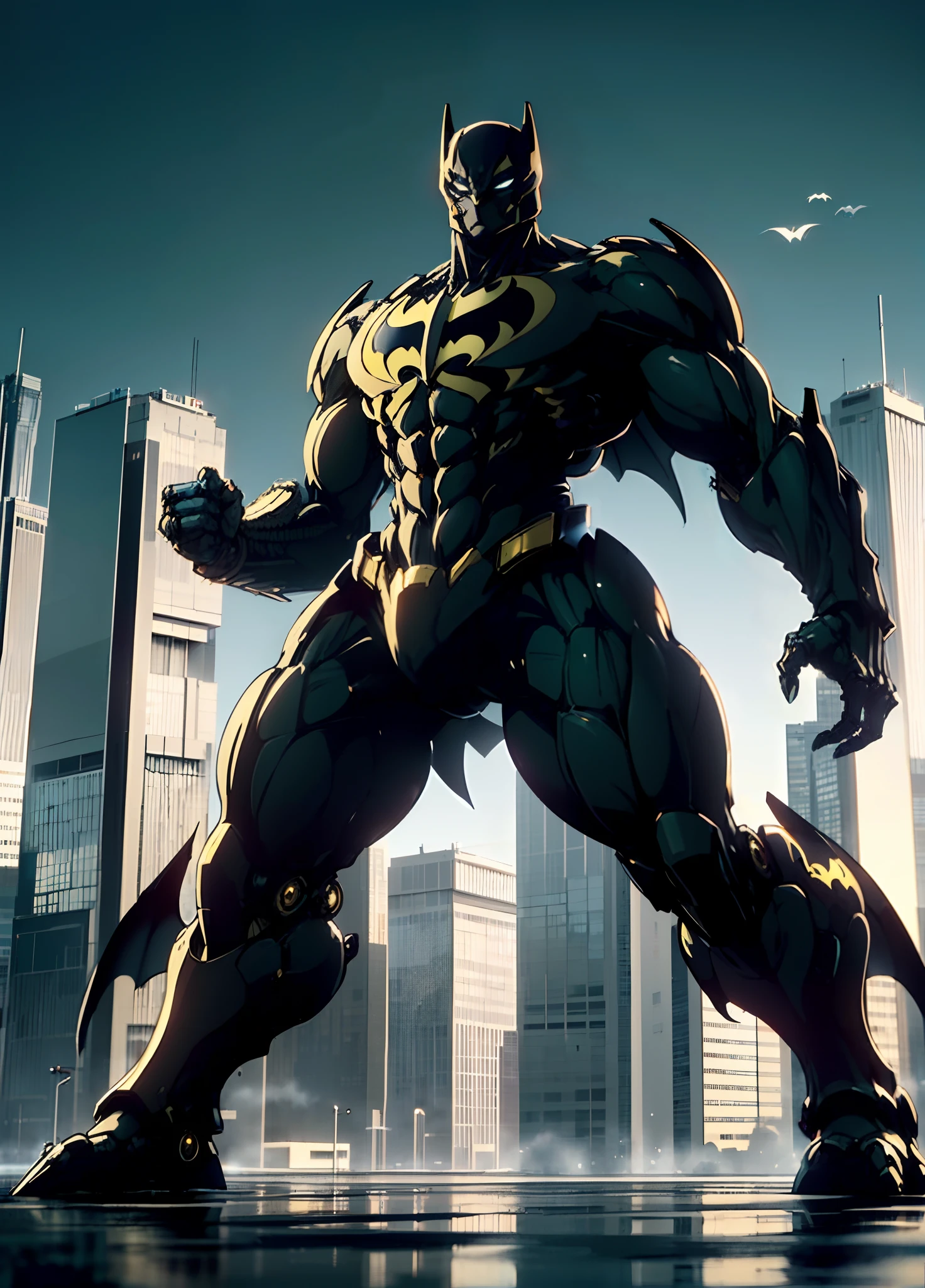 detailed, ultra-detailed, masterpiece, 8k wallpaper, , (bio mecha),(mecha), , (muscle:1.3), (muscle tissue:1.5), ((japanese Actor, abe hiroshi)), ((butman, batman style, batman costume)), ((action Pose, dynamic arrange, fighting pose)), ((Skyscraper at night)),