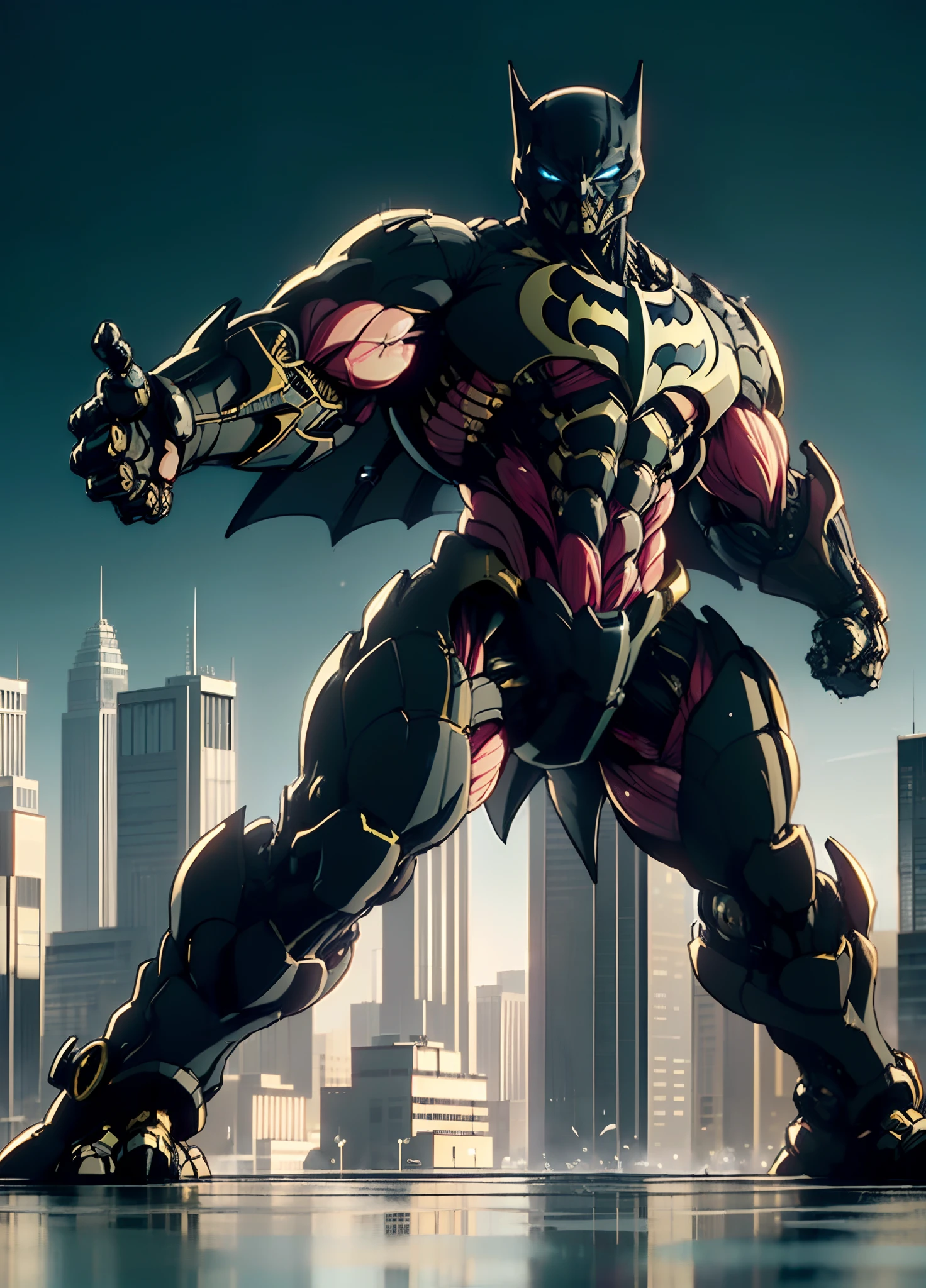 detailed, ultra-detailed, masterpiece, 8k wallpaper, , (bio mecha),(mecha), , (muscle:1.3), (muscle tissue:1.5), ((japanese Actor, abe hiroshi)), ((butman, batman style, batman costume)), ((action Pose, dynamic arrange, fighting pose)), ((Skyscraper at night)),