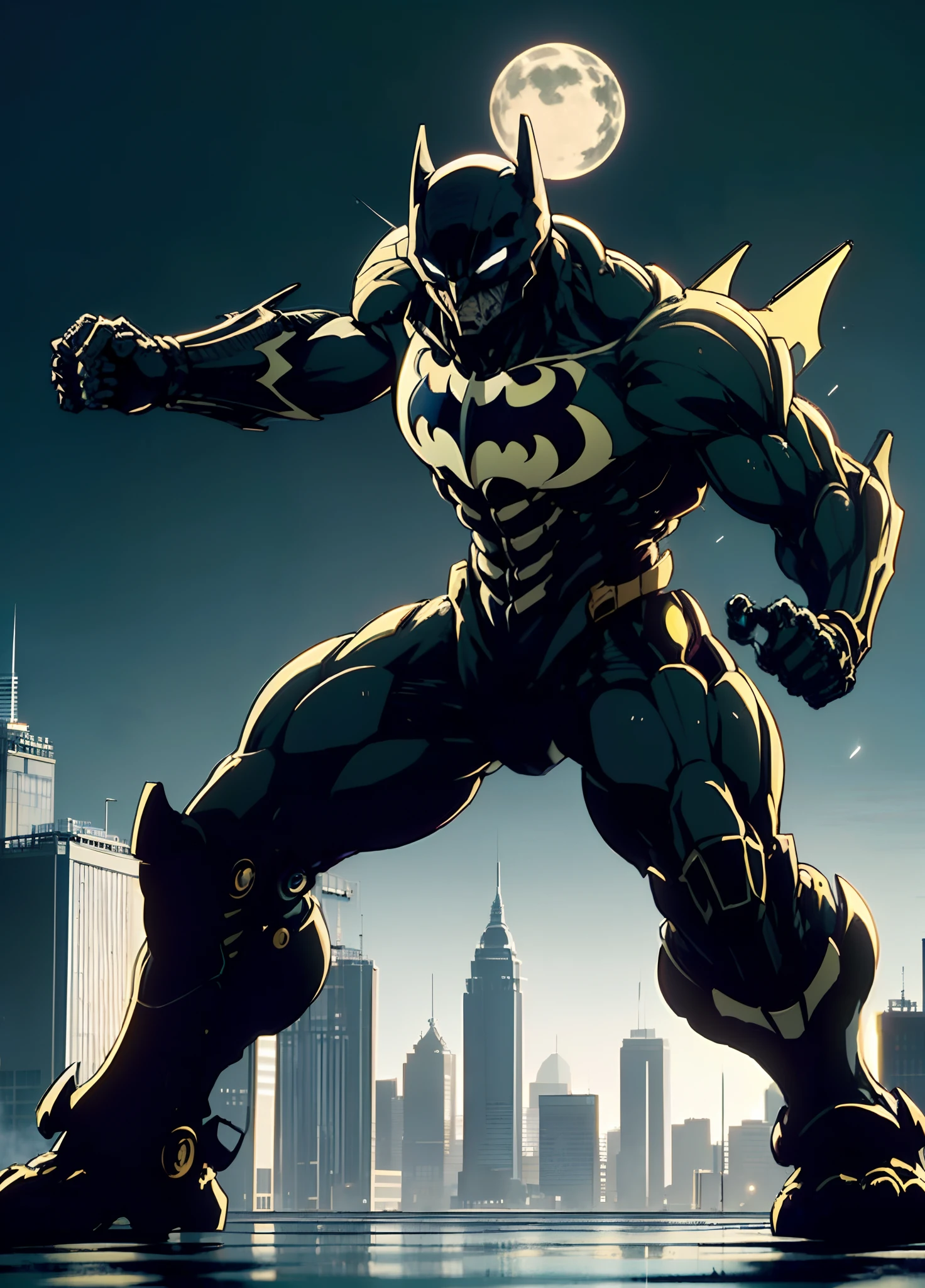 detailed, ultra-detailed, masterpiece, 8k wallpaper, , (bio mecha),(mecha), , (muscle:1.3), (muscle tissue:1.5), ((japanese Actor, abe hiroshi)), ((butman, batman style, batman costume)), ((action Pose, dynamic arrange, fighting pose)), ((Skyscraper at night)),