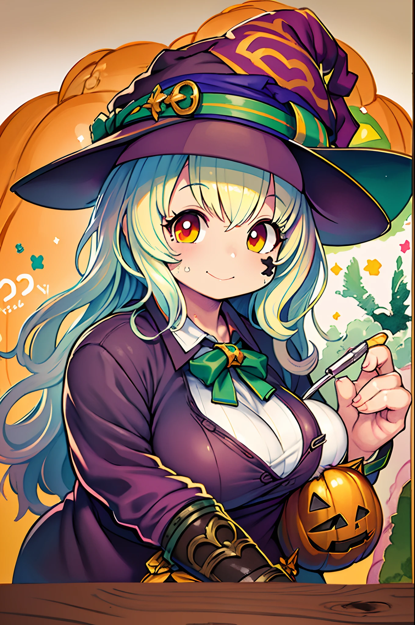 Charming Halloween 12 year old witch, Random facial expressions, Random coloring, Cartoon style, 2D, planar vector, T-shirt design, Colorful splashes, Vector art, Fantasy Art, Watercolor effect,Digital Painting, white bg, 8K