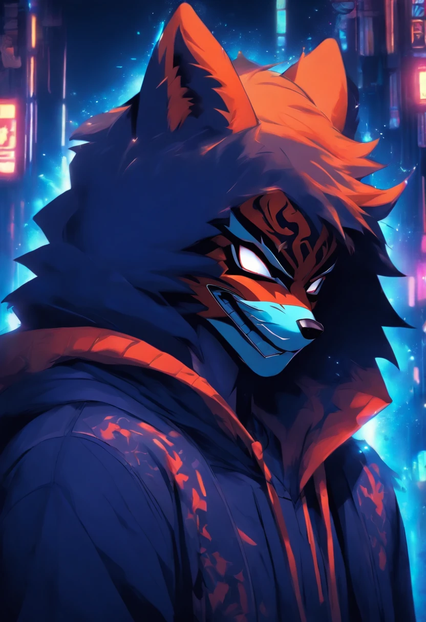 Digital illustration of a cool and mysterious man in his 20s to 30s wearing a fox mask and a deep navy blue hooded sweatshirt. He should have a nonchalant smile and the overall color theme should emphasize deep navy blue tones.