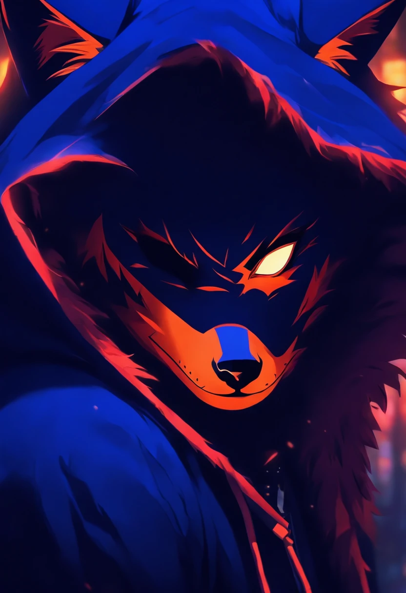 Digital illustration of a cool and mysterious man in his 20s to 30s wearing a fox mask and a deep navy blue hooded sweatshirt. He should have a nonchalant smile and the overall color theme should emphasize deep navy blue tones.