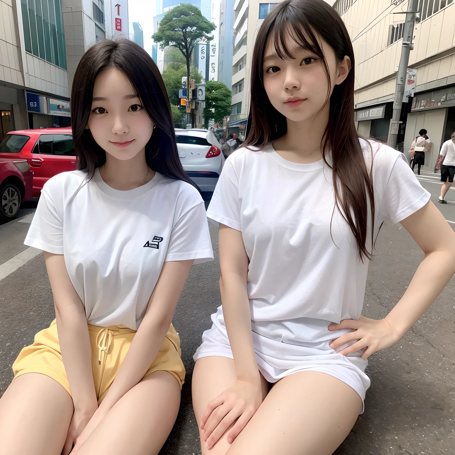 、white t-shirts、legs are long、sano。City of Shibuya。Two with a friend。full bodyesbian。