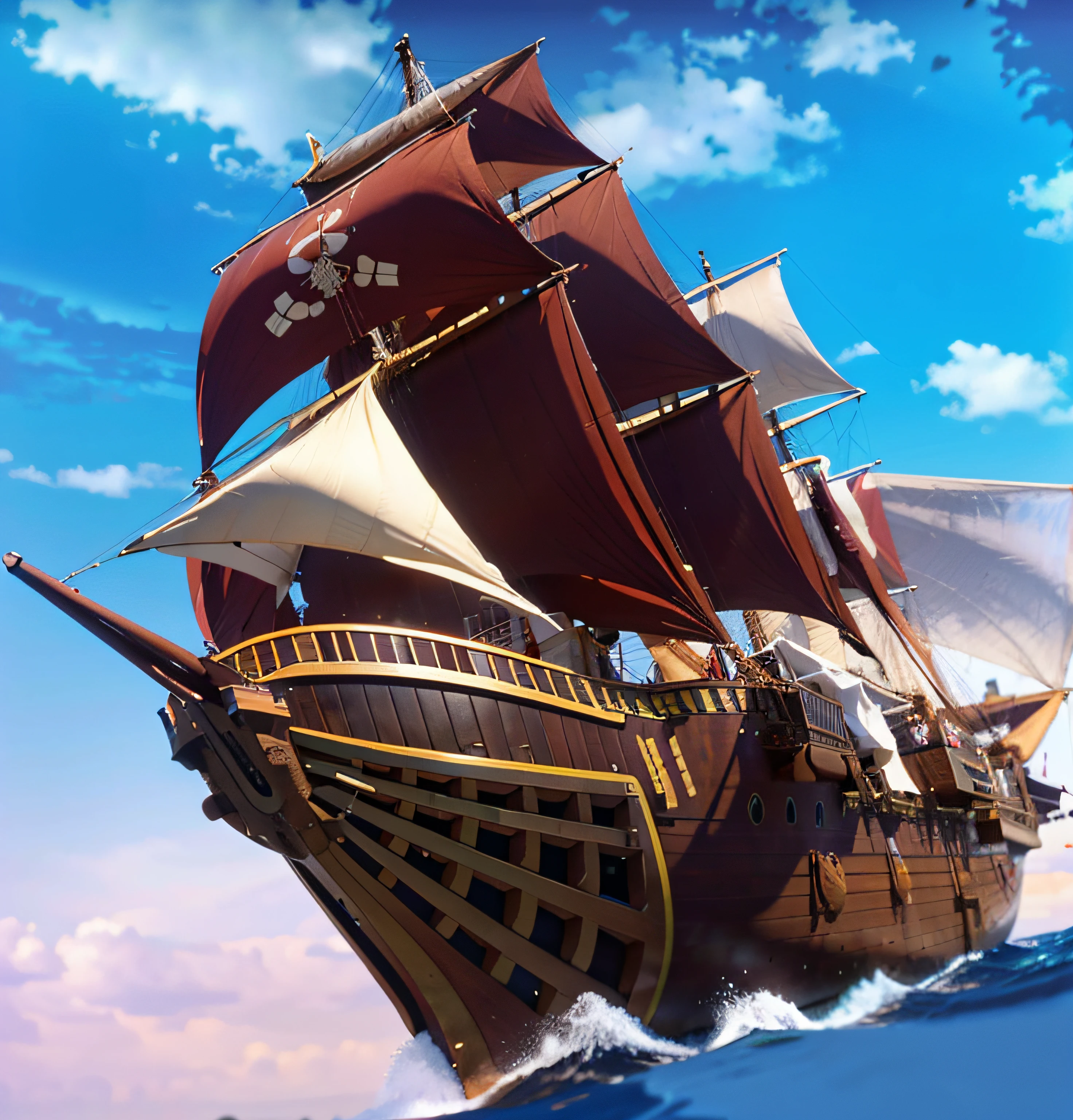 very big wooden ship, brown and golden wood hull, red sails, ((realistic))