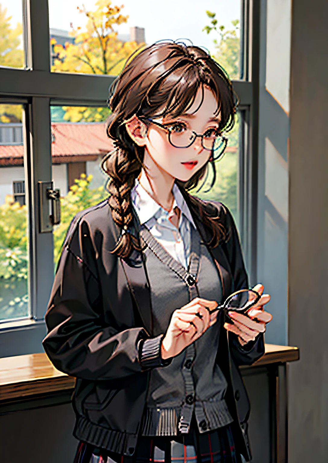 thin frame glasses,frontage,Double up braid,partedbangs,1girll,校服,Dark gray cardigan jacket,Dark gray blazer,pleatedskirt,Plaid skirts,brown hair,round frame glasses,Police Department