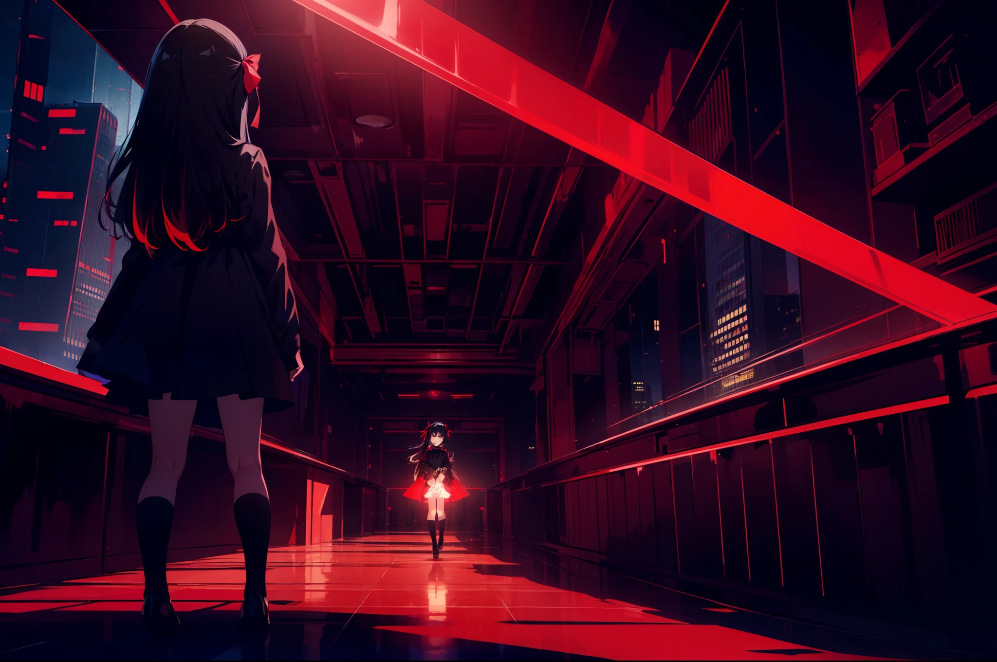 1 loli girl, (red lighting) ,dutch angle , full body , from behind, floating in the air ,(skyscrapers) , (rape face) ,black long straight hair, hair ribbon , red eyes,black dress, glowing eyes,((masterpiece)), ((best quality)), ((ultra-detailed)), (illustration), ((an extremely delicate and beautiful))