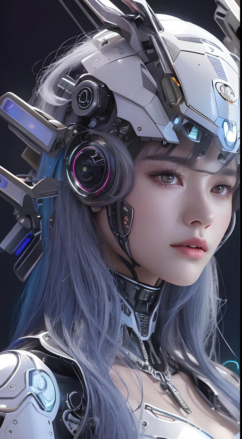 top-quality、tmasterpiece、超A high resolution、(Photorealsitic:1.4)、RAW photo、Robot Angel、Large wing made of metal、White porcelain body、whaite hair、glowy skin、1 Cyborg Girl、full bodyesbian,((Super realistic details))、porate、globalillumination、black shadows、octan render、8K、ultrasharp、Character edge light,Colossal tits、Raw skin is exposed in cleavage、Details of complex ornaments、Sumerian detailed hydraulic cylinders、small led lights、highly intricate detail、Realistic light、a purple eye、Radiant eyes、Facing the camera、neon light detail、cow boy shot、Futuristic headgear、Floor plan about the《cyber punk perssonage》、、