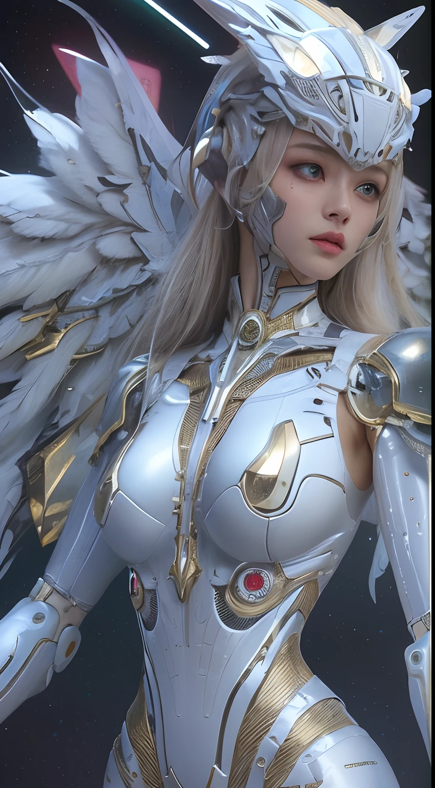 top-quality、tmasterpiece、超A high resolution、(Photorealsitic:1.4)、RAW photo、Robot Angel、Large wing made of metal、White porcelain body、whaite hair、glowy skin、1 Cyborg Girl、full bodyesbian，((Super realistic details))、porate、globalillumination、black shadows、octan render、8K、ultrasharp、Character edge light,Colossal tits、Raw skin is exposed in cleavage、Details of complex ornaments、Sumerian detailed hydraulic cylinders、small led lights、highly intricate detail、Realistic light、a purple eye、Radiant eyes、Facing the camera、neon light detail、cow boy shot、Futuristic headgear、Floor plan about the《cyber punk perssonage》、、