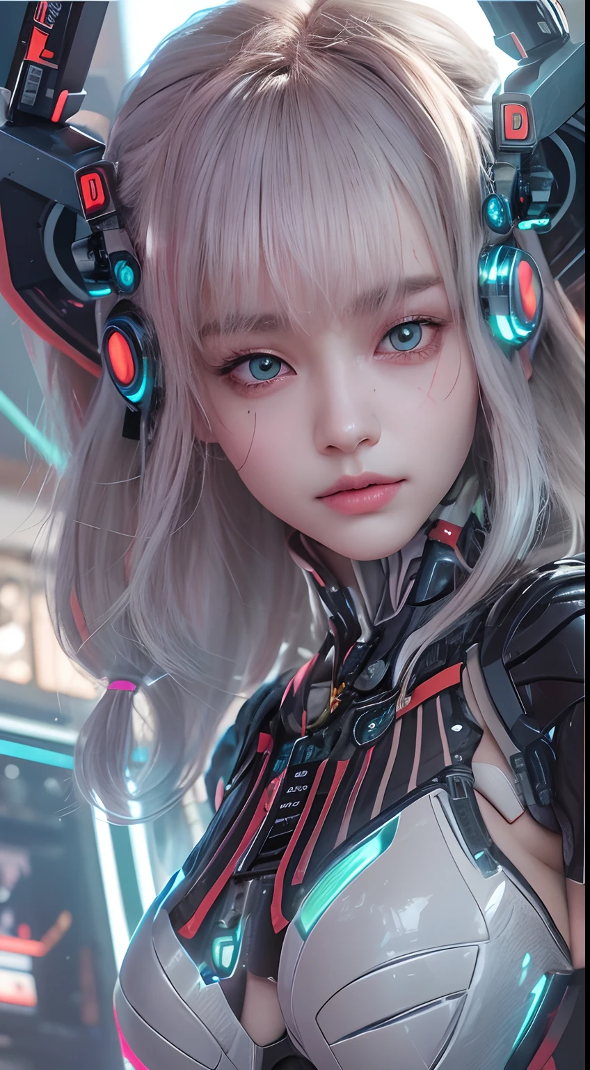 top-quality、tmasterpiece、超A high resolution、(Photorealsitic:1.4)、RAW photo、Robot Angel、Large wing made of metal、White porcelain body、whaite hair、glowy skin、1 Cyborg Girl、full bodyesbian,((Super realistic details))、porate、globalillumination、black shadows、octan render、8K、ultrasharp、Character edge light,Colossal tits、Raw skin is exposed in cleavage、Details of complex ornaments、Sumerian detailed hydraulic cylinders、small led lights、highly intricate detail、Realistic light、a purple eye、Radiant eyes、Facing the camera、neon light detail、cow boy shot、Futuristic headgear、Floor plan about the《cyber punk perssonage》、、