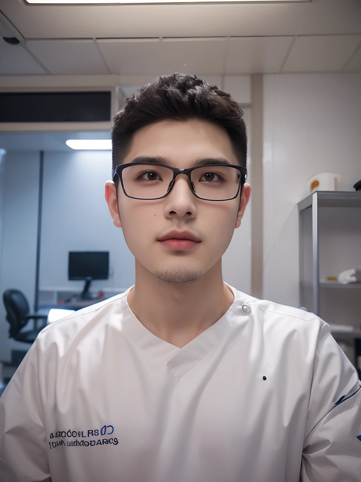Around 18 years old,Handsome male doctor,Operating room in the background,High Picture Quality,hyper-detailing,Aircraft inches,No beards and moles,The hairstyle is clean and neat。Hair stands straight and clear,Do not bend。