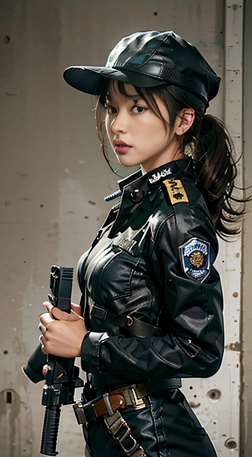 Highest image quality, Outstanding details, Ultra-high resolution, (Realism: 1.4), (Cowboy shot, from side view, looking at another), The best illustration, favor details, highly condensed 1girl, with a delicate and beautiful face, ((Get ready to get a gun)), (Wear racing suits and like police uniforms, Black and gray mechs, Wearing a sun visor, Military seat belts, Grenades, Take a machine gun or bring a machine gun, "SST"), Simple gray wall in background,