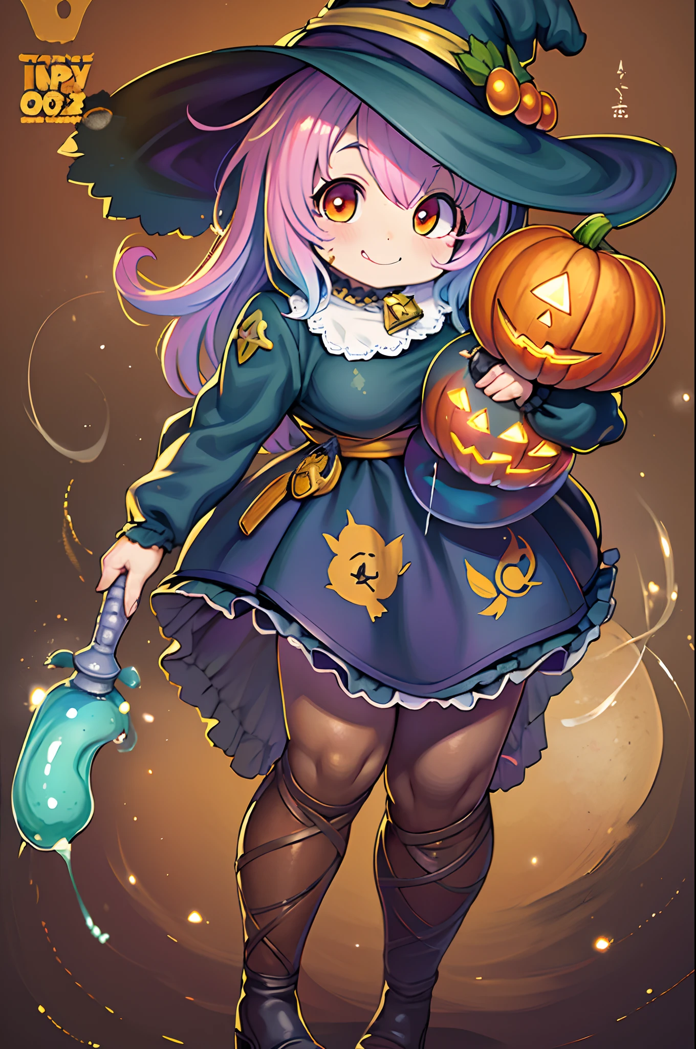 Charming Halloween 12 year old witch, Cartoon style, 2D, planar vector, Character Design, T-shirt design, Colorful splashes, Vector art, Fantasy Art, Watercolor effect,Digital Painting, white bg, 8K