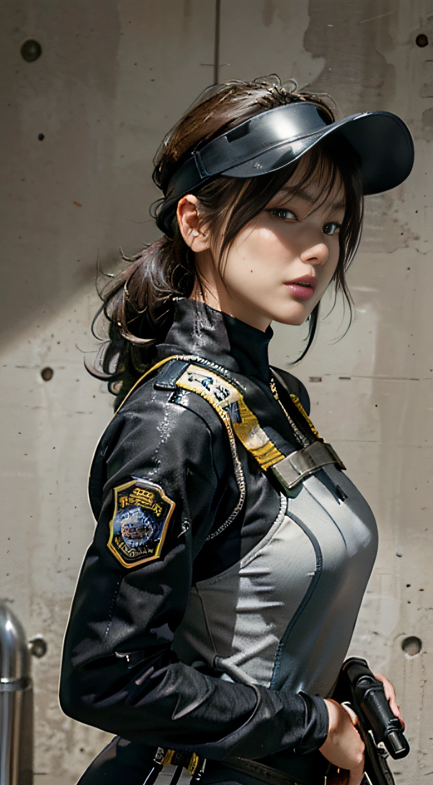 Highest image quality, Outstanding details, Ultra-high resolution, (Realism: 1.4), (Cowboy shot, from side view, looking at another), The best illustration, favor details, highly condensed 1girl, with a delicate and beautiful face, ((Prepare to take a gun)), (Wear a racing suit，Love police uniforms, Black and gray mech, Wearing a sun visor, Military seat belts, Grenades, Bring a machine gun or bring a machine gun, "SST"), Simple gray wall in background,