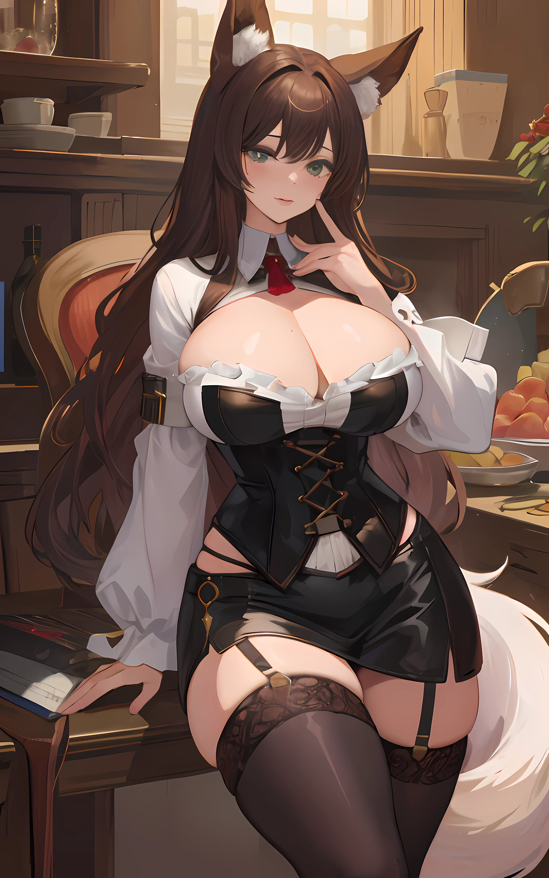 (Masterpiece: 1.5), (Best Quality: 1.5), Perfect Eyes, Perfect Face, Volumetric Lighting, 1 Woman, Mature Woman, (Whiteness: 5), fox ears, fox tail, dark brown hair, green eyes, long hair, high leg g string, corset, leather, massive breasts, massive cleavage, BDSM, submissive, blushing, thick thighs, wide hips,