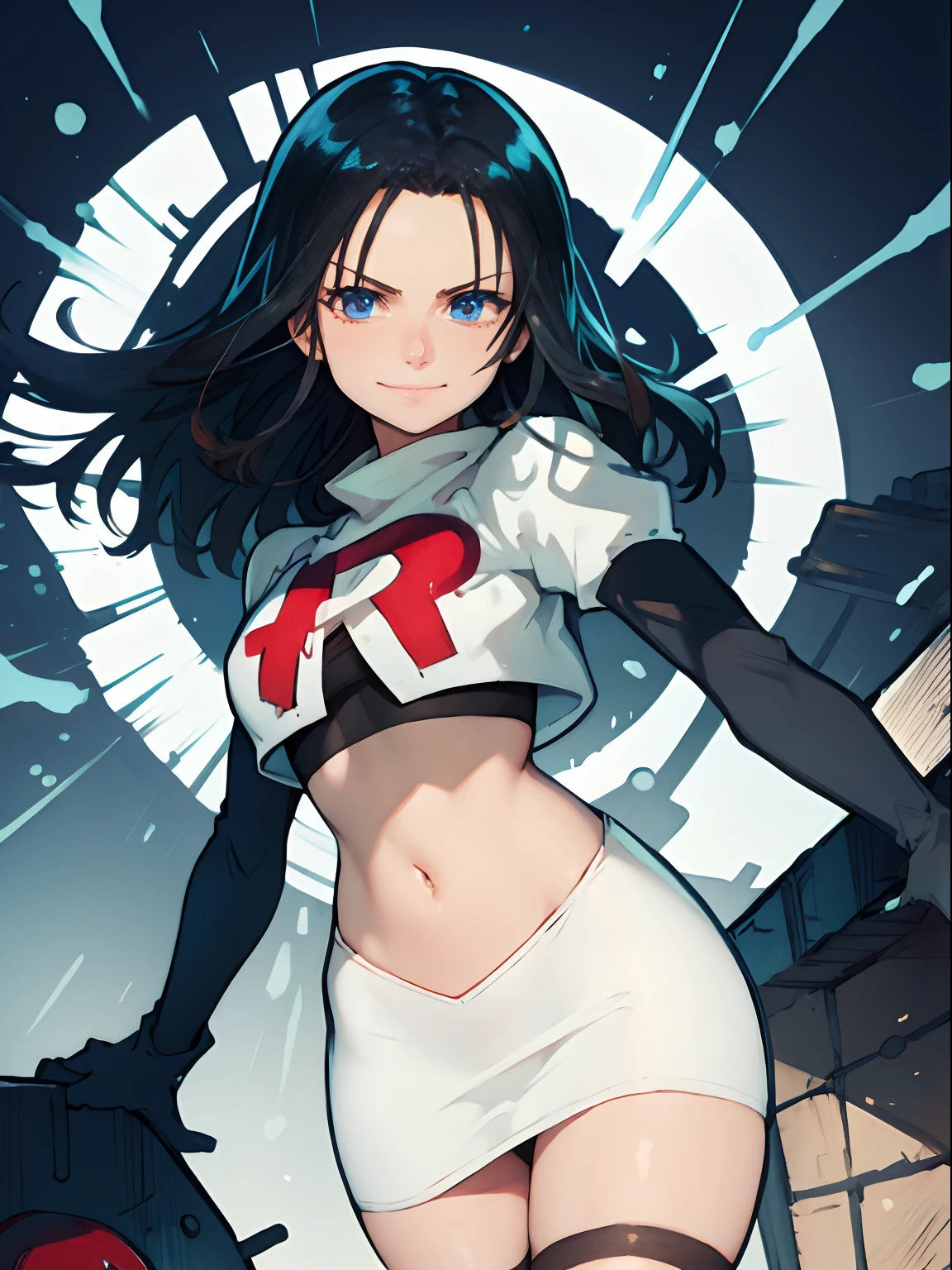 nico robin,rocket,team rocket uniform, red letter R, white skirt,white crop top,black thigh-highs,black elbow gloves, looking at viewer, smile