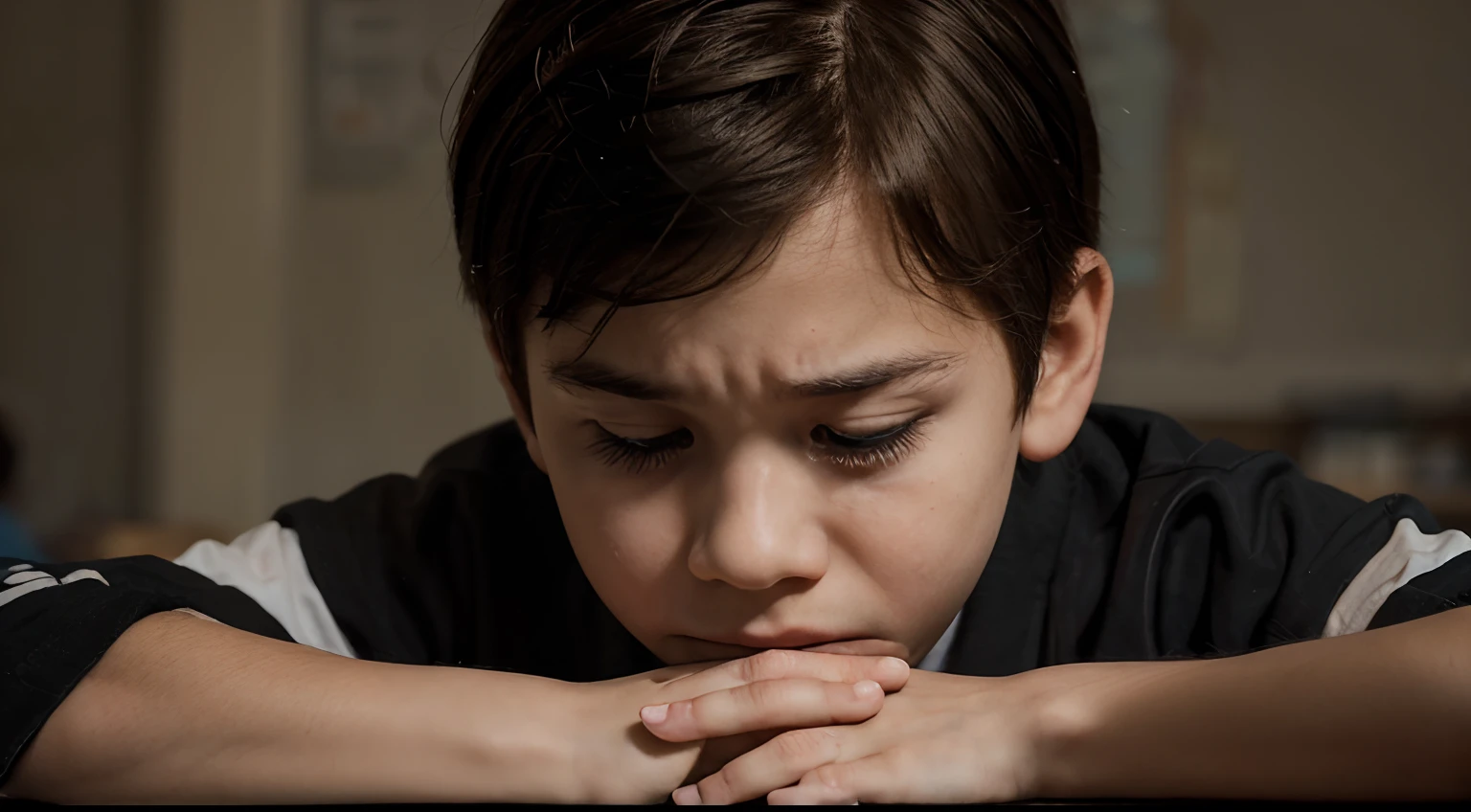 Zoom in on young boy expressions, illustrating his frustration and inner turmoil as his thoughts wander, impacting his schoolwork.