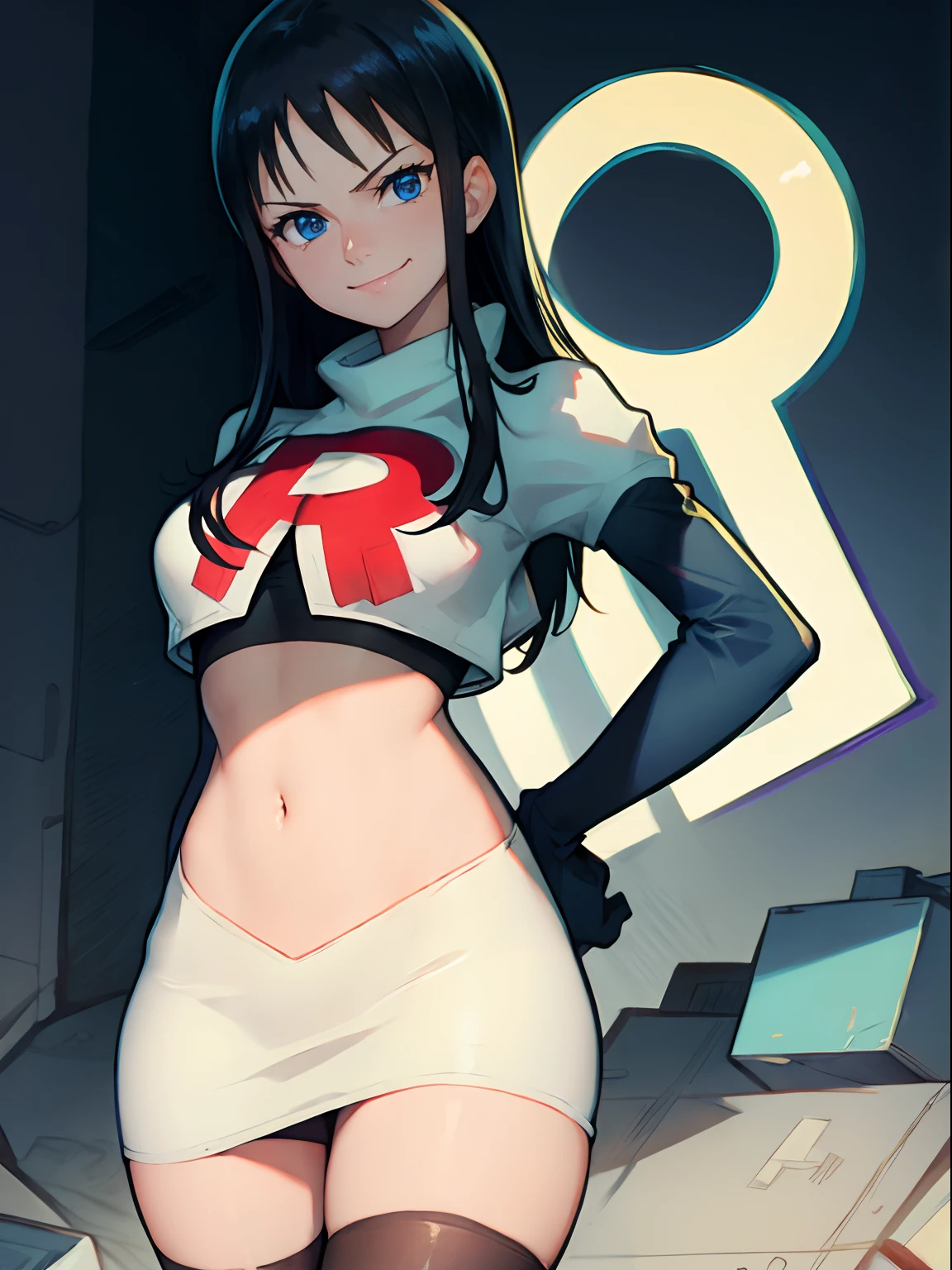 nico robin,rocket,team rocket uniform, red letter R, white skirt,white crop top,black thigh-highs,black elbow gloves, looking at viewer, smile