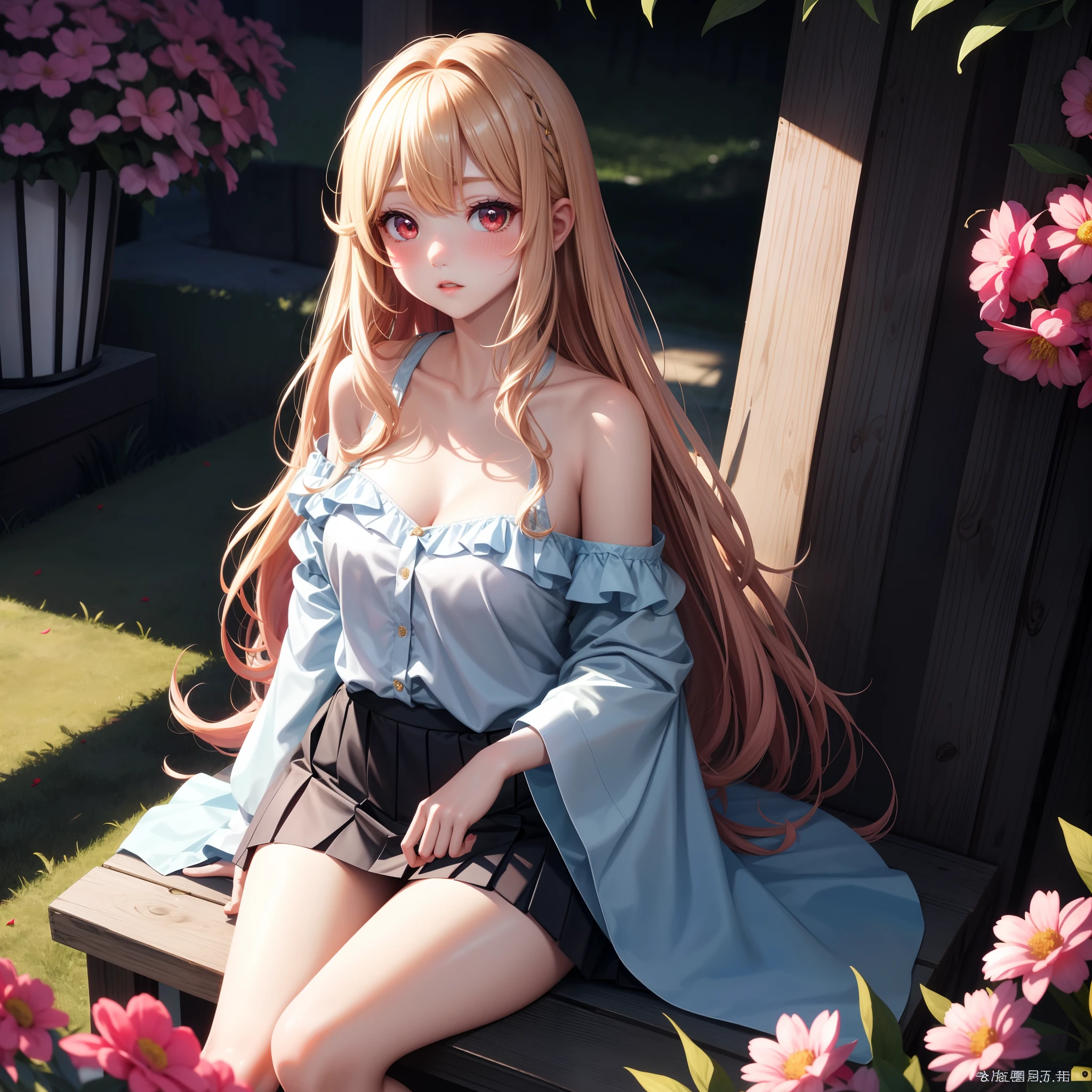 One pretty girl、独奏、a blond、red eyes、radiant eyes、Parted lips、red blush、a miniskirt、off shoulders、sitting on、Surrounded by flowers