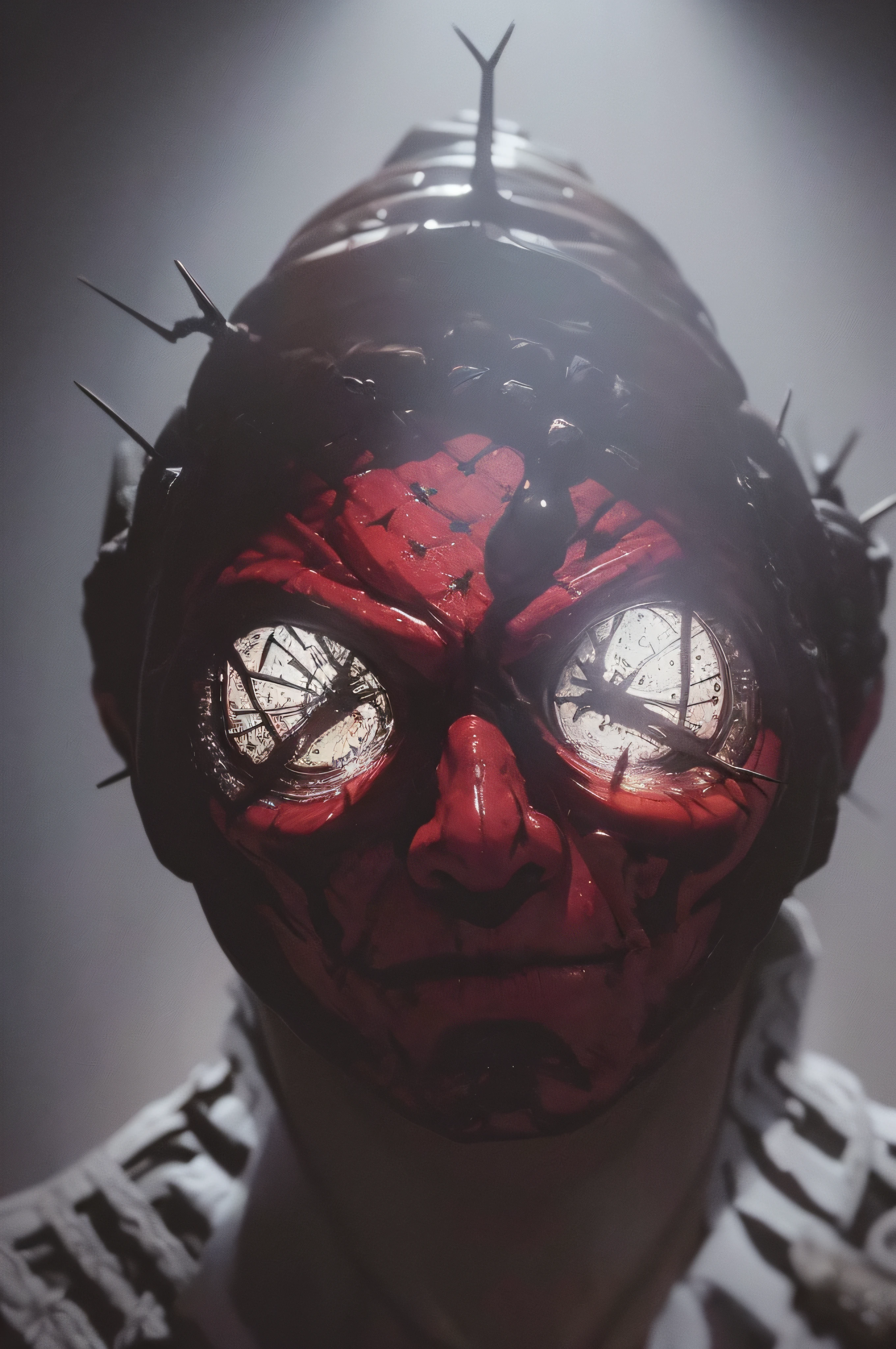 "(The best lighting, oscuro, dramatic),(feto calavera alien, Hellraiser, Cicatrices, , sexy, cerebro, sangre, una rata dentro de la cabeza, terror.),(ojos rojos, calaveras). morning light.